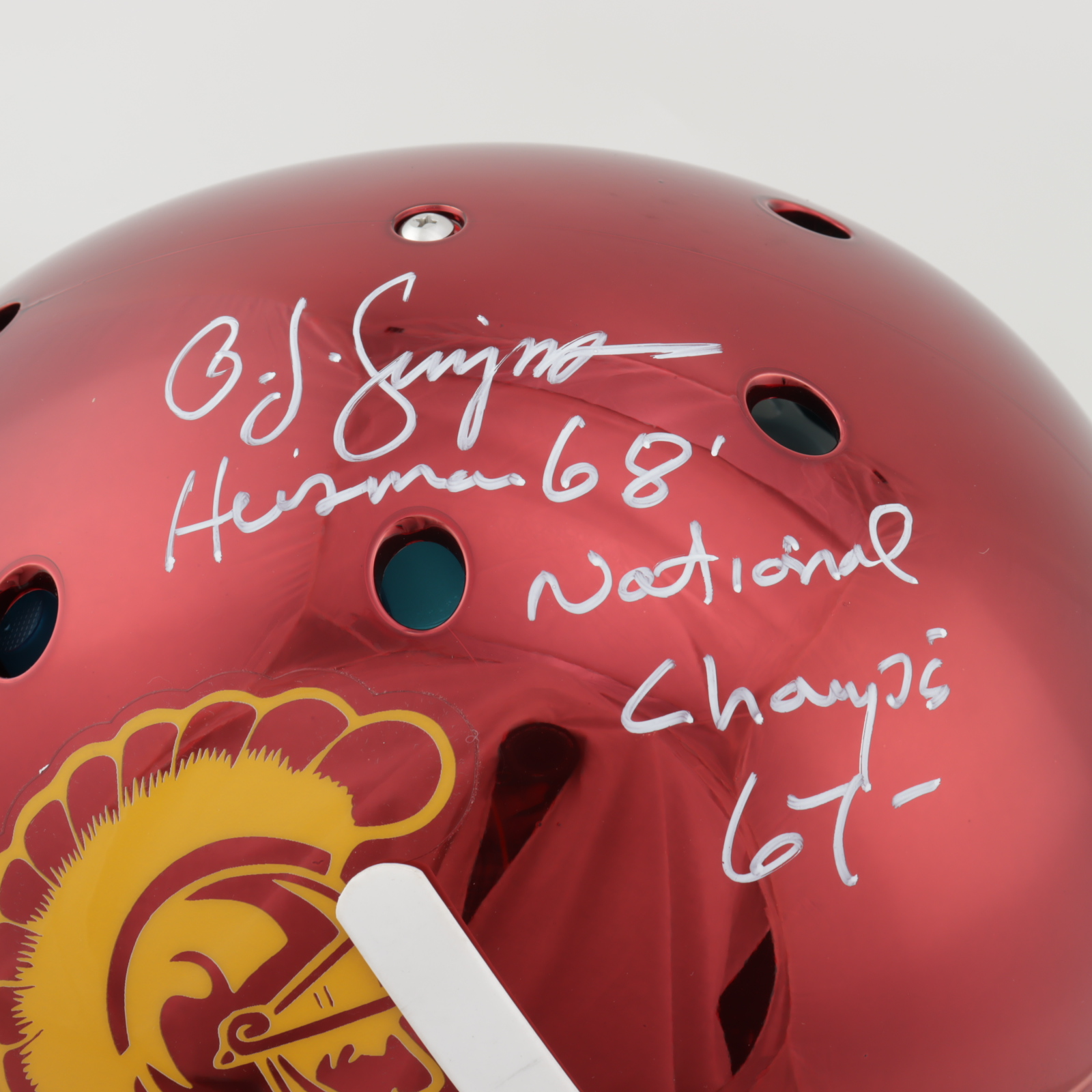 O.J. Simpson Signed USC Trojans Full-Size Authentic On-Field Chrome Helmet Inscribed "Heisman '68" & "National Champs 67" (JSA COA) at PristineAuction.com O.J. Simpson Signed USC Trojans Full-Size Authentic On-Field Chrome Helmet Inscribed "Heisman '68" & "National Champs 67" (JSA COA) at PristineAuction.com