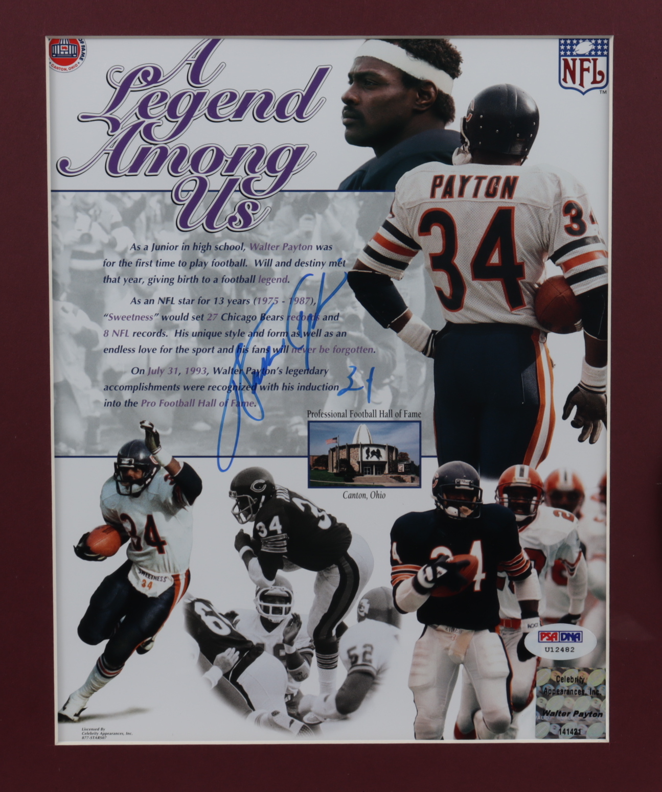 Walter Payton Signed Bears 15x19 Custom Framed Photo Display with Vintage Bears Pin (PSA LOA) at PristineAuction.com Walter Payton Signed Bears 15x19 Custom Framed Photo Display with Vintage Bears Pin (PSA LOA) at PristineAuction.com