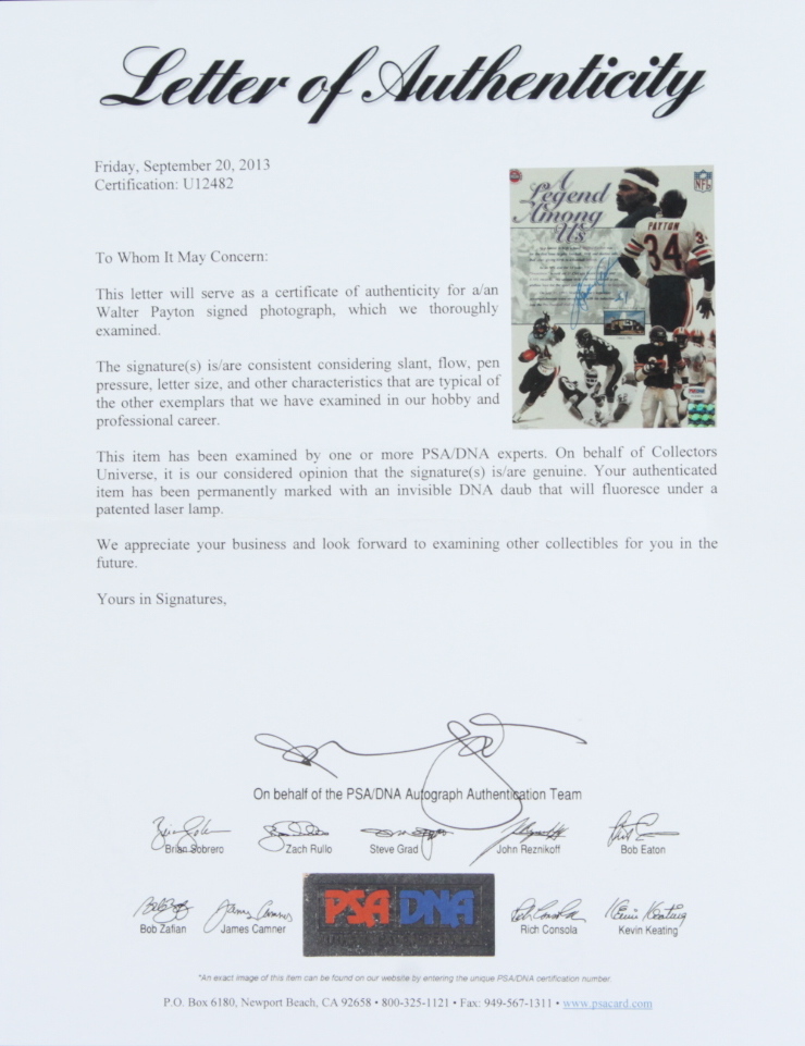 Walter Payton Signed Bears 15x19 Custom Framed Photo Display with Vintage Bears Pin (PSA LOA) at PristineAuction.com Walter Payton Signed Bears 15x19 Custom Framed Photo Display with Vintage Bears Pin (PSA LOA) at PristineAuction.com