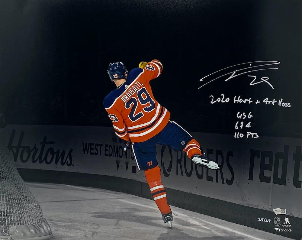 Leon Draisaitl Signed LE Oilers 16x20 Photo Inscribed "2020 Hart & Art Ross" & "43 G 67A 110 PTS" (Fanatics) at PristineAuction.com Leon Draisaitl Signed LE Oilers 16x20 Photo Inscribed "2020 Hart & Art Ross" & "43 G 67A 110 PTS" (Fanatics) at PristineAuction.com