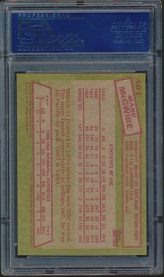 Mark McGwire Signed 1985 Topps #401 OLY RC (PSA Encapsulated) at PristineAuction.com Mark McGwire Signed 1985 Topps #401 OLY RC (PSA Encapsulated) at PristineAuction.com