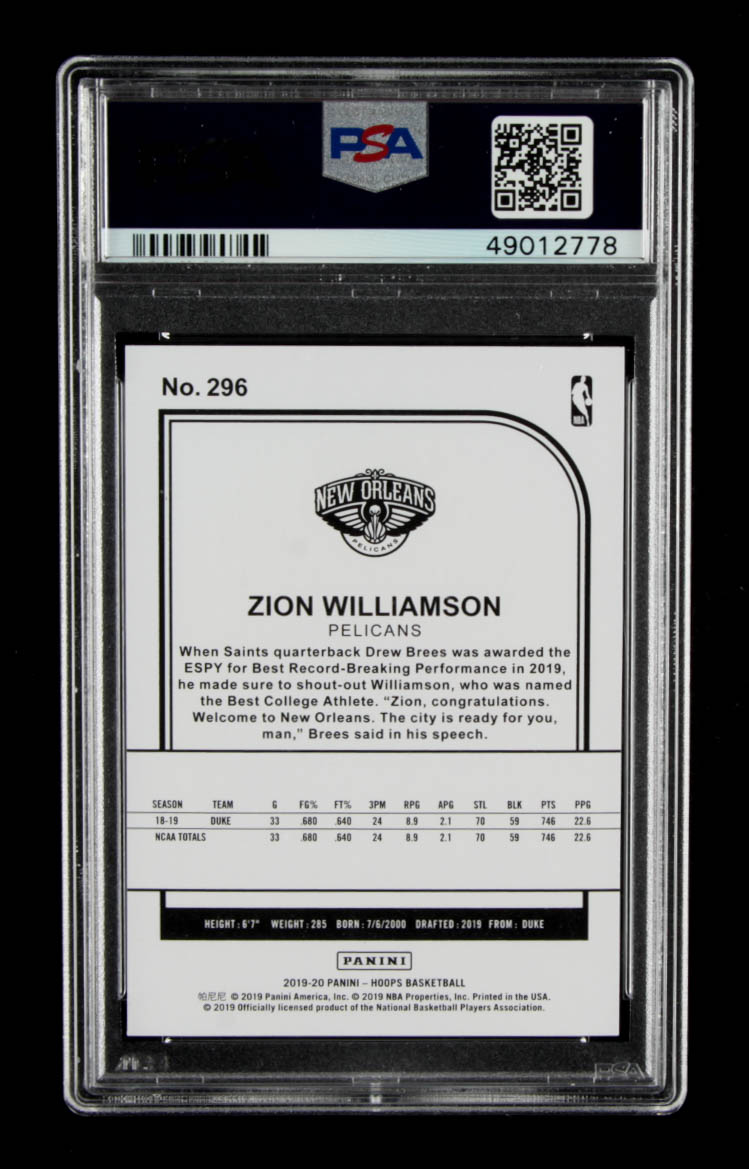 Zion Williamson 2019-20 Hoops #296 RC (PSA 10) at PristineAuction.com Zion Williamson 2019-20 Hoops #296 RC (PSA 10) at PristineAuction.com