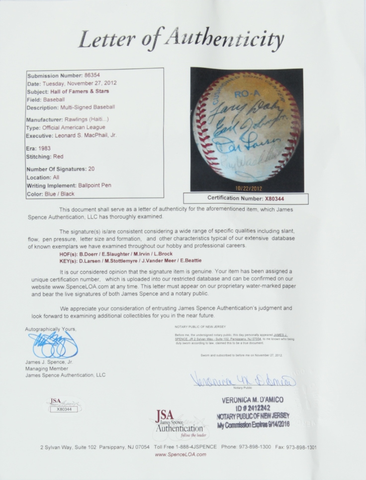 MLB Hall of Famers & Stars OAL Baseball Signed by (20) with Bobby Doerr, Enos Slaughter, Monte Irvin, Lou Brock, Don Larsen (JSA LOA) at PristineAuction.com MLB Hall of Famers & Stars OAL Baseball Signed by (20) with Bobby Doerr, Enos Slaughter, Monte Irvin, Lou Brock, Don Larsen (JSA LOA) at PristineAuction.com