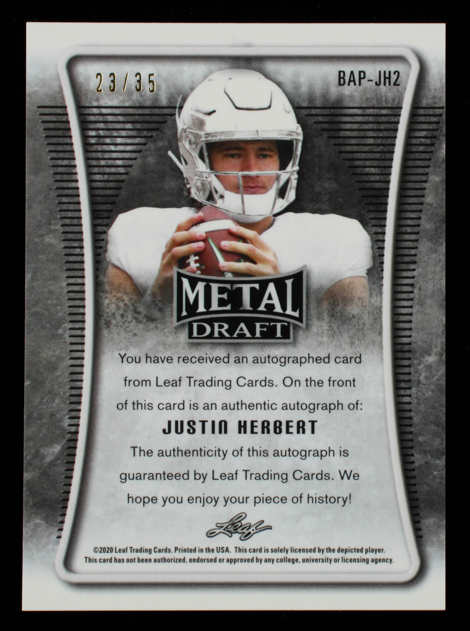 Justin Herbert 2020 Leaf Metal Draft Portrait Prismatic Blue #BAPJH2 #23/35 at PristineAuction.com Justin Herbert 2020 Leaf Metal Draft Portrait Prismatic Blue #BAPJH2 #23/35 at PristineAuction.com