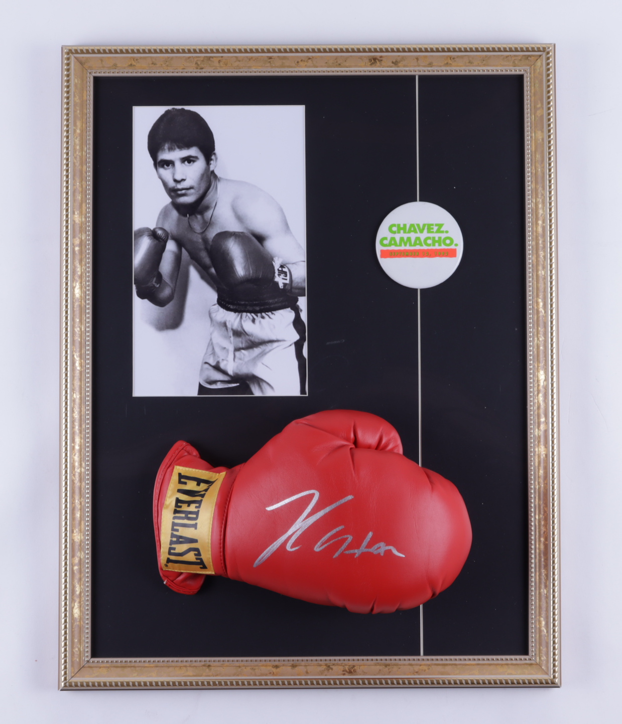Julio Cesar Chavez Signed 17x22 Custom Framed Boxing Glove Display with 1992 Fight Pin (PSA COA) (See Description) at PristineAuction.com Julio Cesar Chavez Signed 17x22 Custom Framed Boxing Glove Display with 1992 Fight Pin (PSA COA) (See Description) at PristineAuction.com