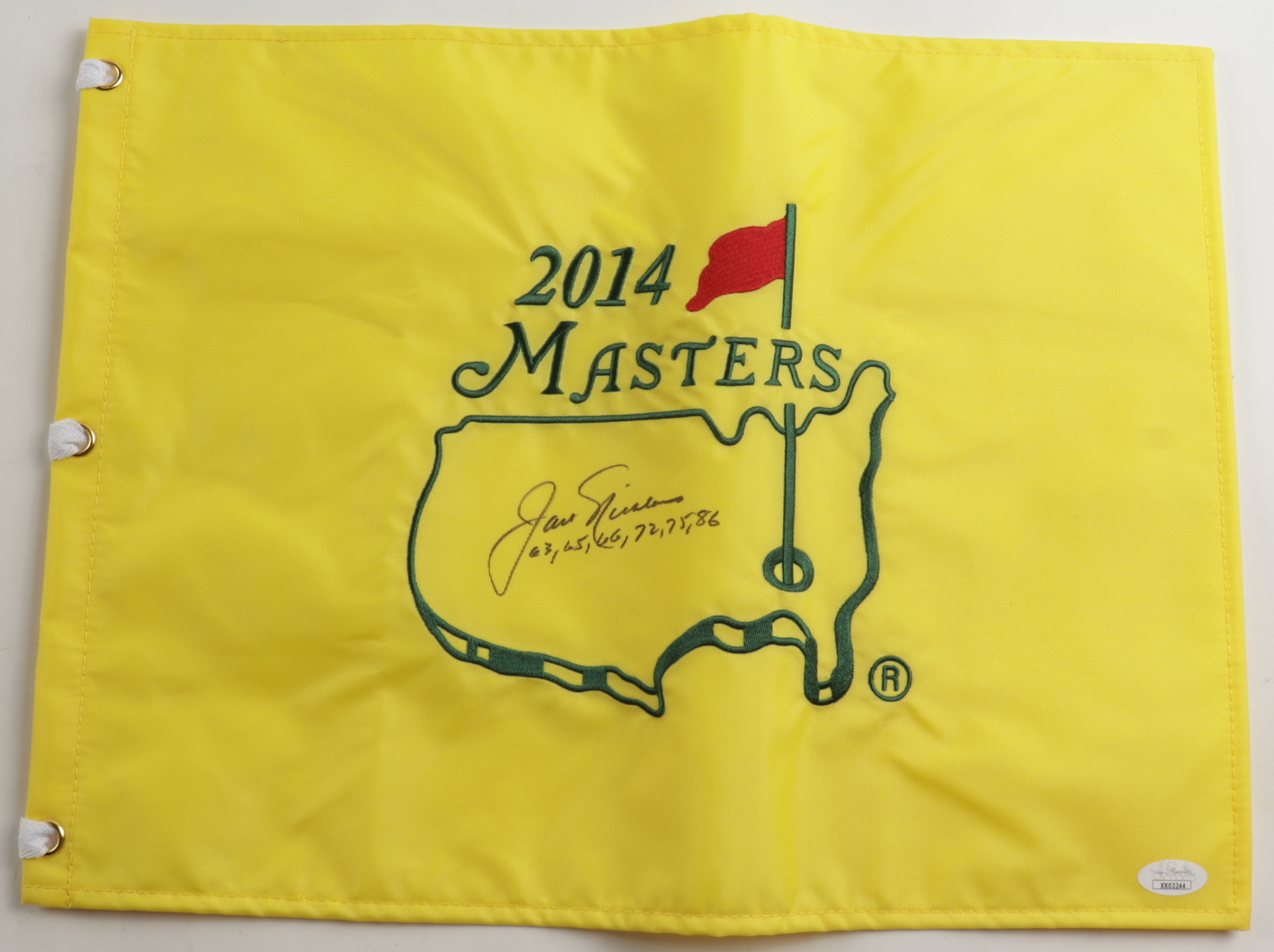 Jack Nicklaus Signed 2014 Masters Golf Pin Flag Inscribed "63, 65, 66, 72, 75, 86" (JSA LOA) at PristineAuction.com Jack Nicklaus Signed 2014 Masters Golf Pin Flag Inscribed "63, 65, 66, 72, 75, 86" (JSA LOA) at PristineAuction.com