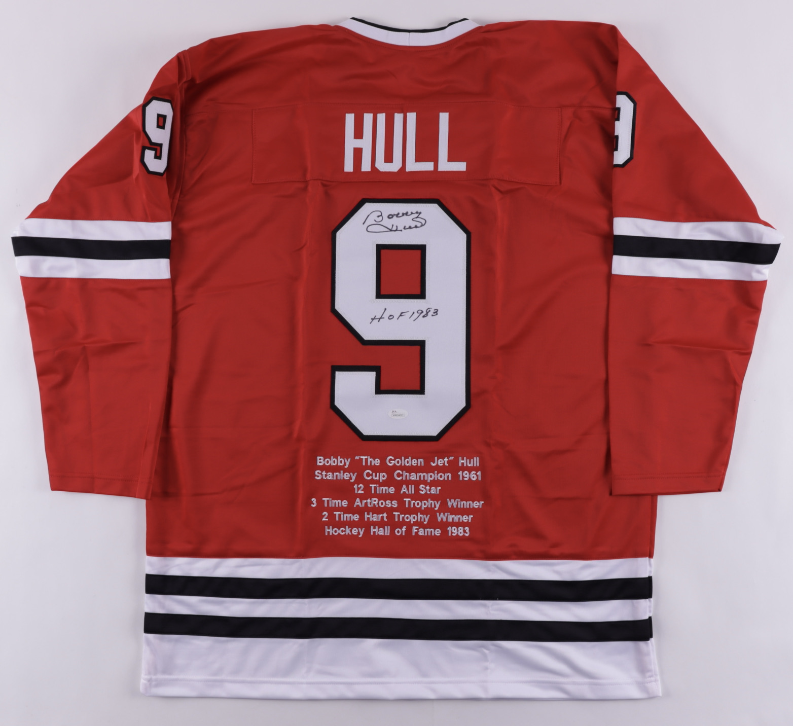 Bobby Hull Signed Career Highlight Stat Jersey Inscribed "HOF 1983" (JSA COA) at PristineAuction.com Bobby Hull Signed Career Highlight Stat Jersey Inscribed "HOF 1983" (JSA COA) at PristineAuction.com