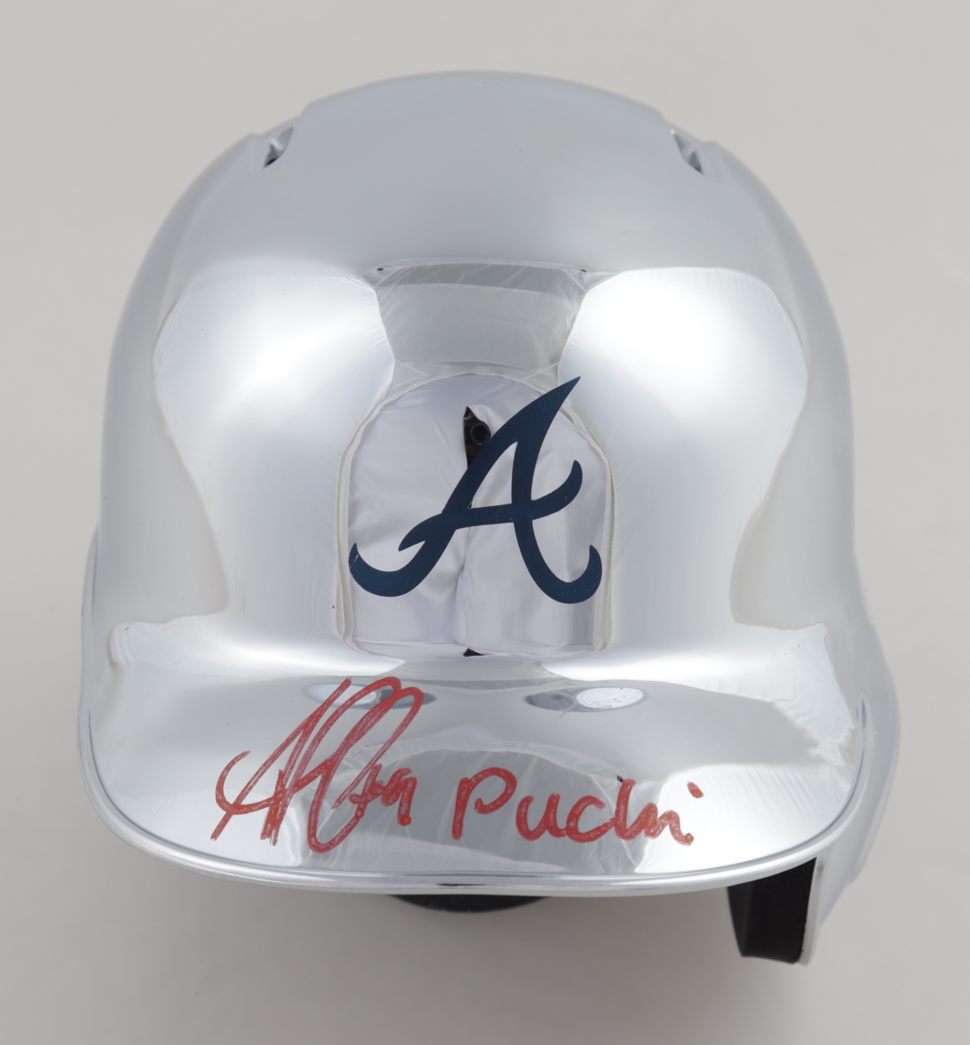 Ozzie Albies Signed Braves Chrome Batting Mini-Helmet Inscribed "Puchi" (Beckett Hologram) at PristineAuction.com Ozzie Albies Signed Braves Chrome Batting Mini-Helmet Inscribed "Puchi" (Beckett Hologram) at PristineAuction.com