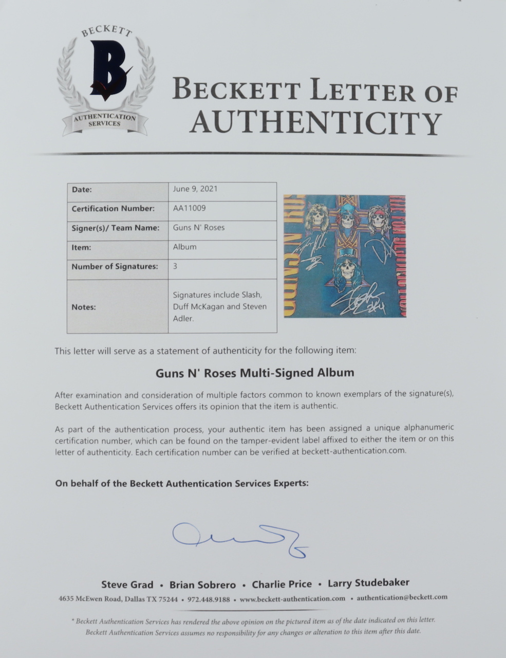 Slash, Duff McKagan & Steven Adler Signed "Appetite For Destruction" Vinyl Record Album (Beckett LOA) at PristineAuction.com Slash, Duff McKagan & Steven Adler Signed "Appetite For Destruction" Vinyl Record Album (Beckett LOA) at PristineAuction.com