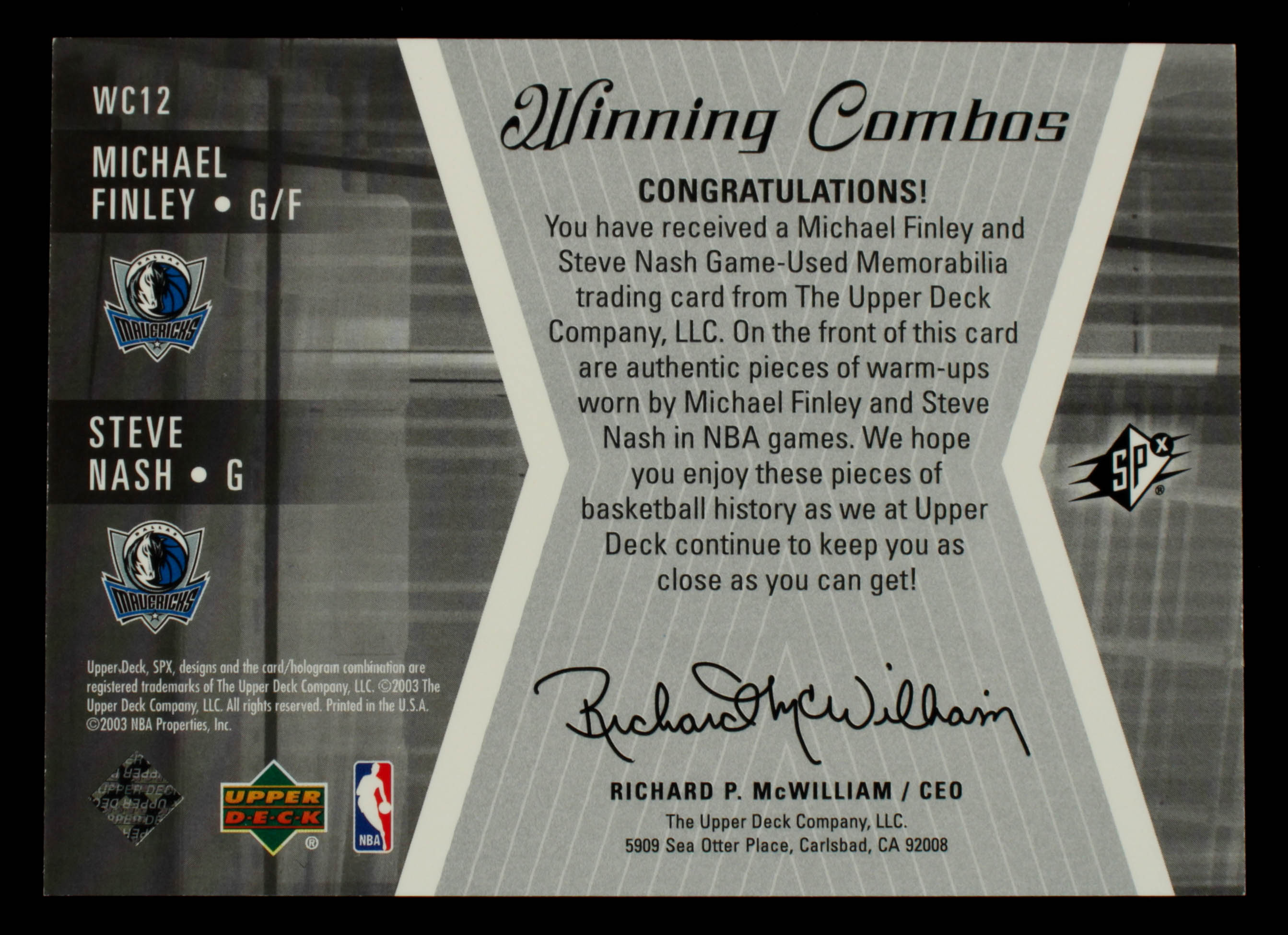 Michael Finley / Steve Nash 2003-04 SPx Winning Materials Combos #WC12 at PristineAuction.com Michael Finley / Steve Nash 2003-04 SPx Winning Materials Combos #WC12 at PristineAuction.com