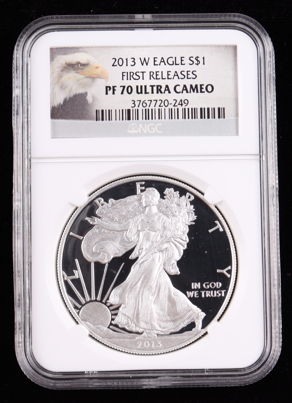 2013-W American Silver Eagle $1 One Dollar Coin - First Releases, Eagle Label (NGC PF 70 Deep Cameo) at PristineAuction.com 2013-W American Silver Eagle $1 One Dollar Coin - First Releases, Eagle Label (NGC PF 70 Deep Cameo) at PristineAuction.com