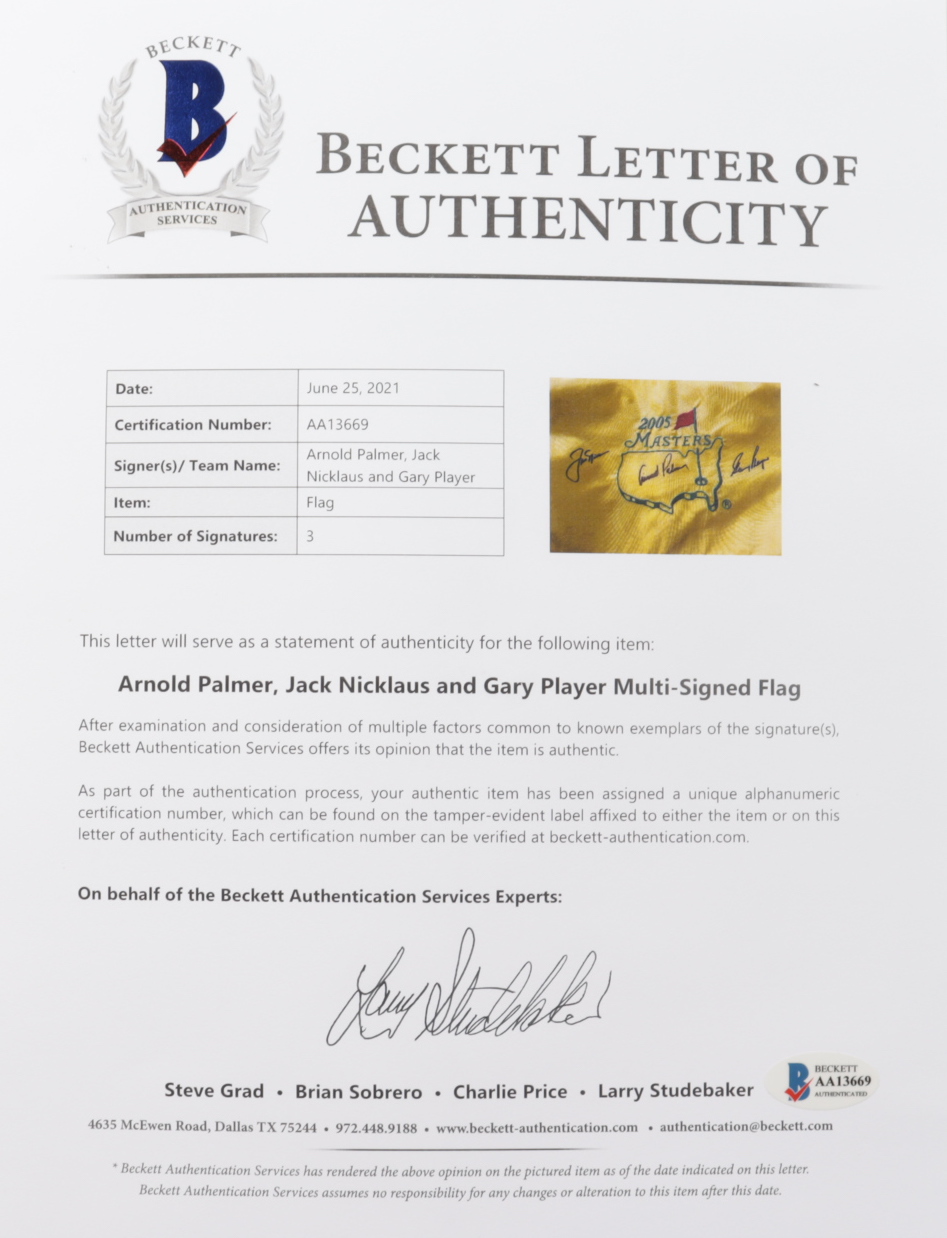 Jack Nicklaus, Arnold Palmer & Gary Player Signed 2005 Masters Golf Pin Flag (Beckett LOA & JSA Hologram) at PristineAuction.com Jack Nicklaus, Arnold Palmer & Gary Player Signed 2005 Masters Golf Pin Flag (Beckett LOA & JSA Hologram) at PristineAuction.com