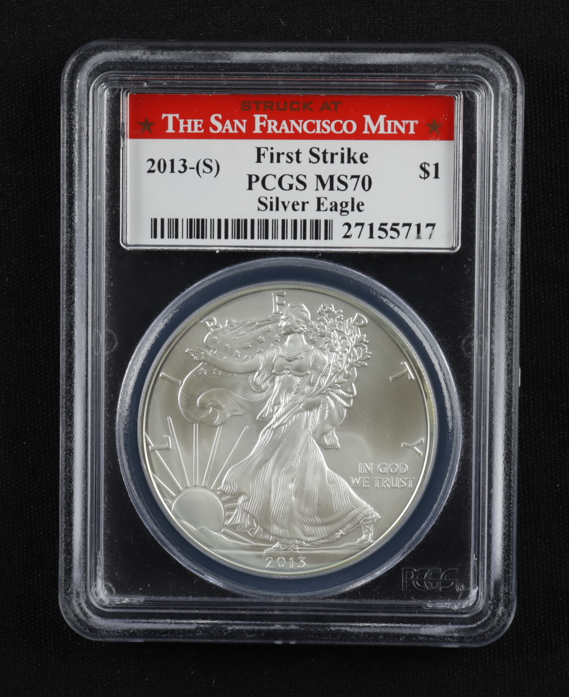 2013-(S) American Silver Eagle $1 One Dollar Coin - First Strike, Struck at San Francisco, Eagle Label (PCGS MS70) at PristineAuction.com 2013-(S) American Silver Eagle $1 One Dollar Coin - First Strike, Struck at San Francisco, Eagle Label (PCGS MS70) at PristineAuction.com
