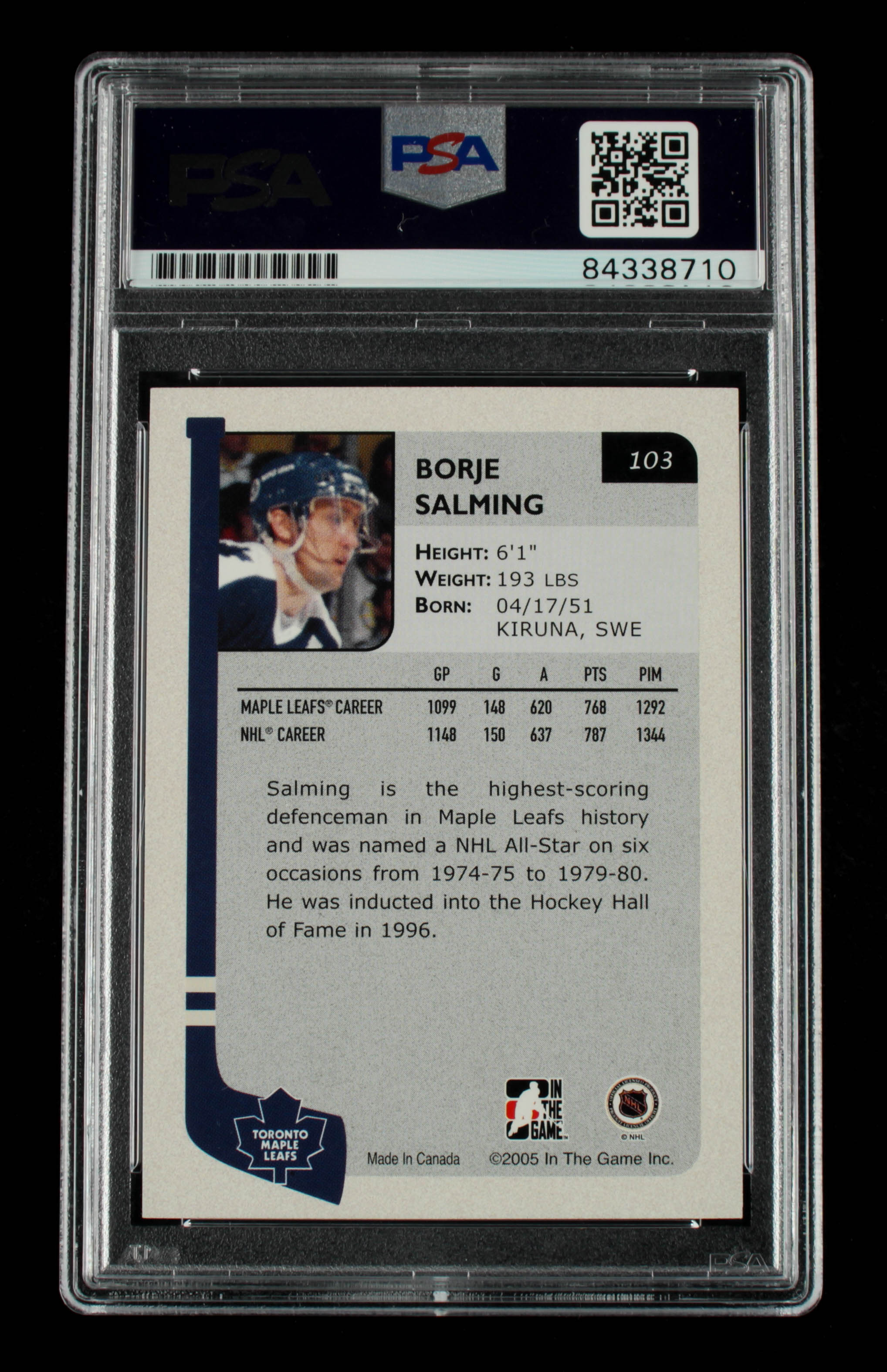 Borje Salming Signed 2004-05 ITG Franchises Canadian #103 (PSA Encapsulated) at PristineAuction.com Borje Salming Signed 2004-05 ITG Franchises Canadian #103 (PSA Encapsulated) at PristineAuction.com