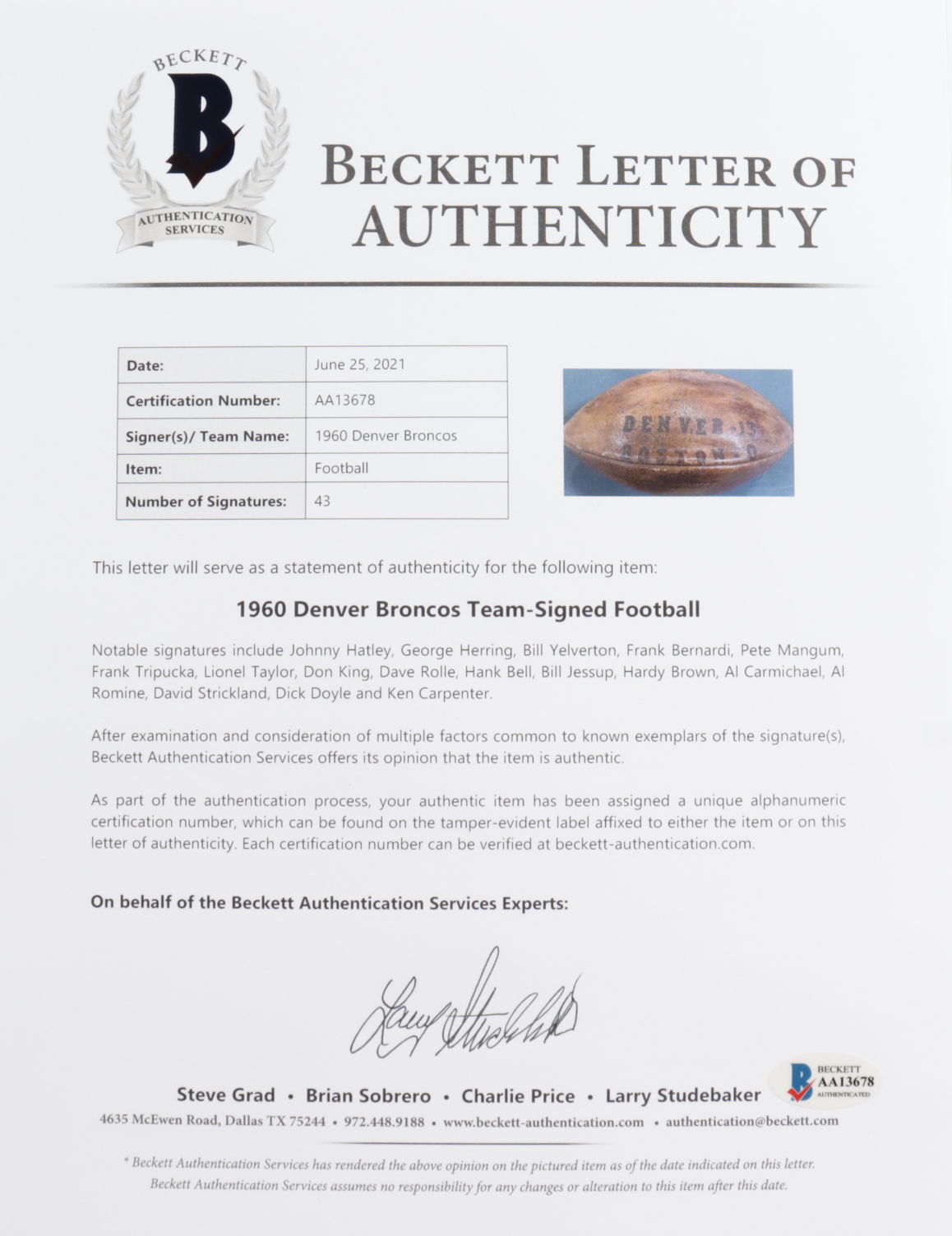 1960 Broncos American Football League Football Team-Signed by (43) with Johnny Hatley, George Herring, Bill Yelverton, Dick Doyle, Ken Carpenter (Beckett LOA) (See Description) at PristineAuction.com 1960 Broncos American Football League Football Team-Signed by (43) with Johnny Hatley, George Herring, Bill Yelverton, Dick Doyle, Ken Carpenter (Beckett LOA) (See Description) at PristineAuction.com