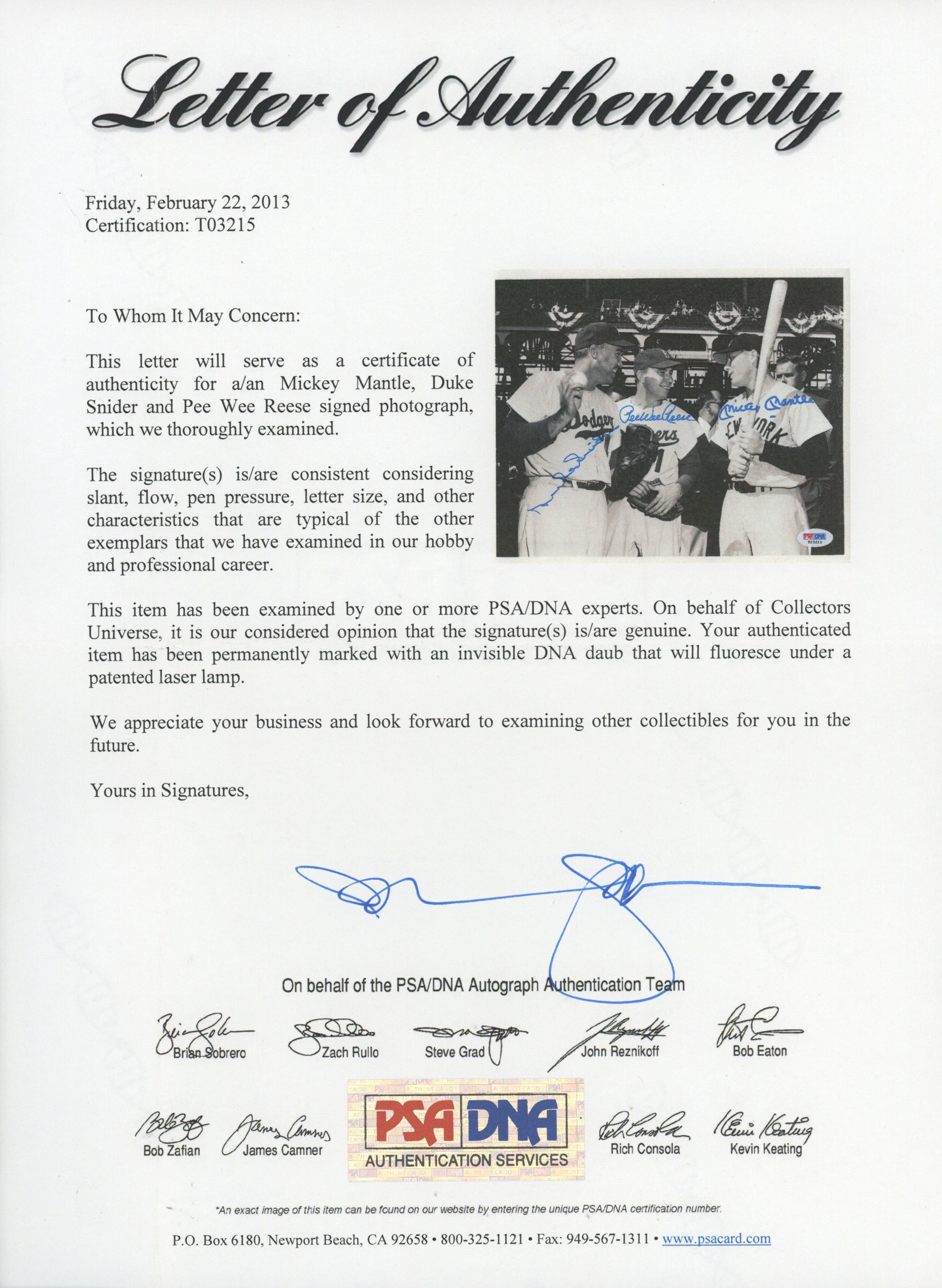 Mickey Mantle, Duke Snider & Pee Wee Reese Signed 8x10 Photo (PSA LOA) at PristineAuction.com Mickey Mantle, Duke Snider & Pee Wee Reese Signed 8x10 Photo (PSA LOA) at PristineAuction.com