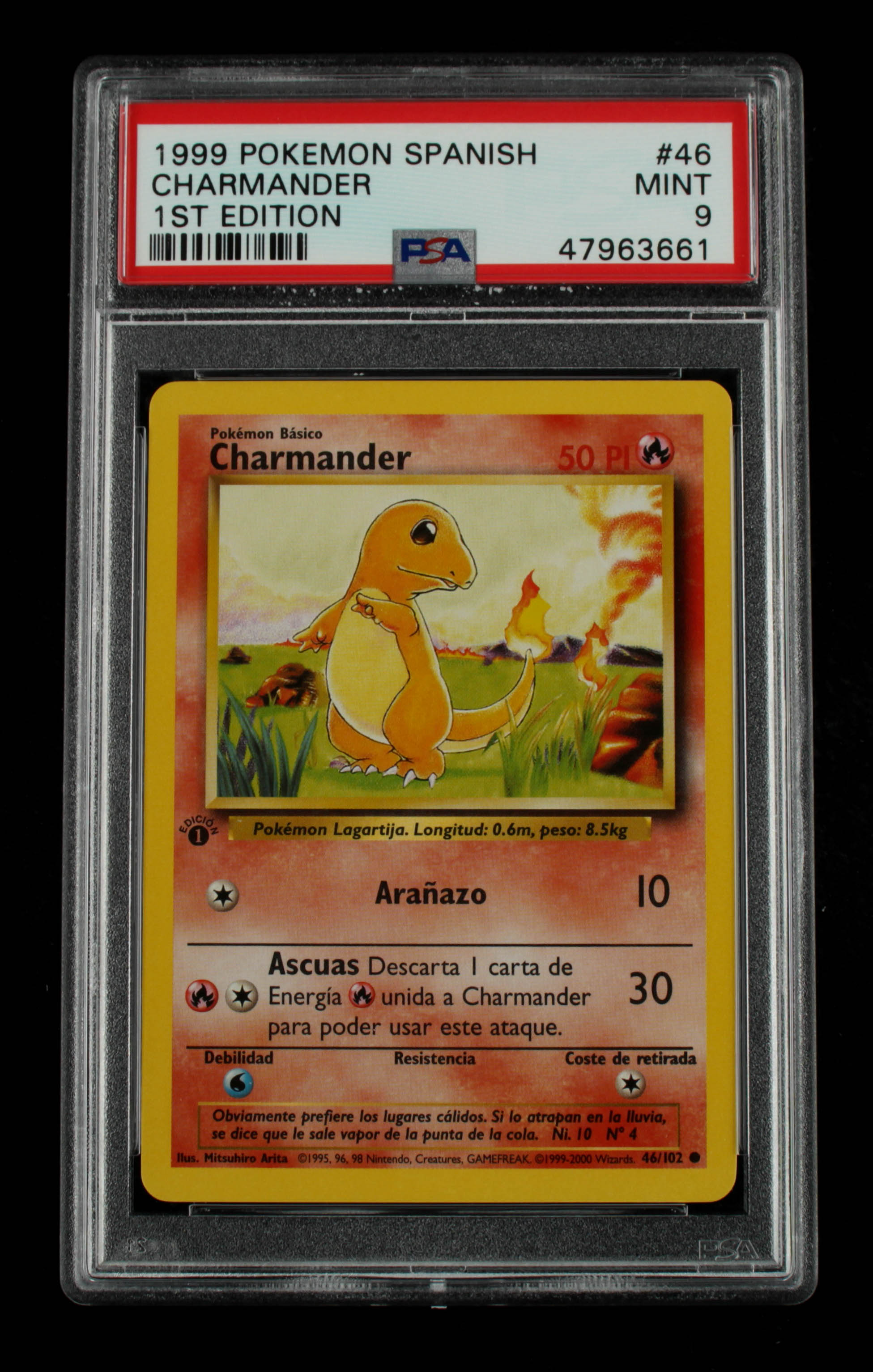 Charmander 1999 Pokemon Base 1st Edition Spanish #46 (PSA 9) at PristineAuction.com Charmander 1999 Pokemon Base 1st Edition Spanish #46 (PSA 9) at PristineAuction.com