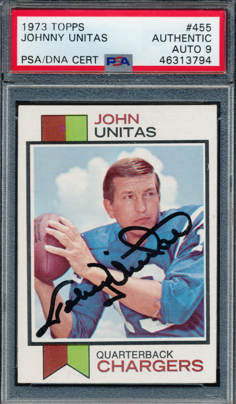 Johnny Unitas Signed 1973 Topps #455 (PSA Encapsulated) at PristineAuction.com Johnny Unitas Signed 1973 Topps #455 (PSA Encapsulated) at PristineAuction.com