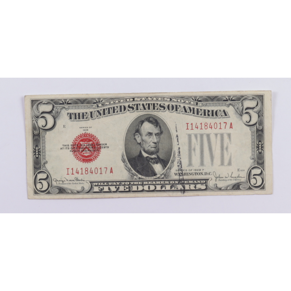1928F $5 Five Dollar U.S. National Currency Red Seal Bank Note