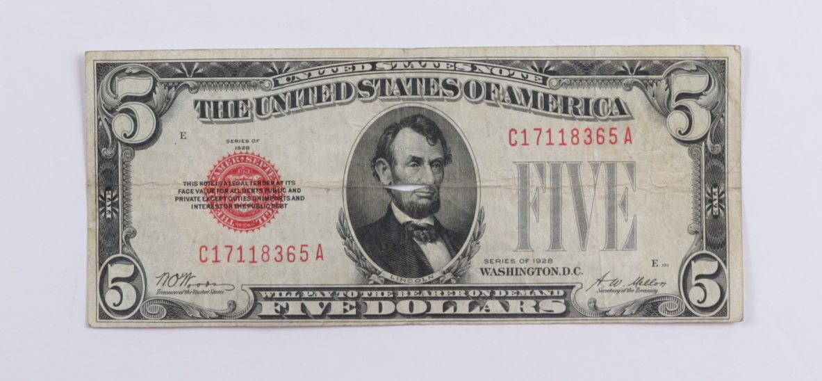 1928 $5 Five Dollar U.S. National Currency Red Seal Bank Note ...