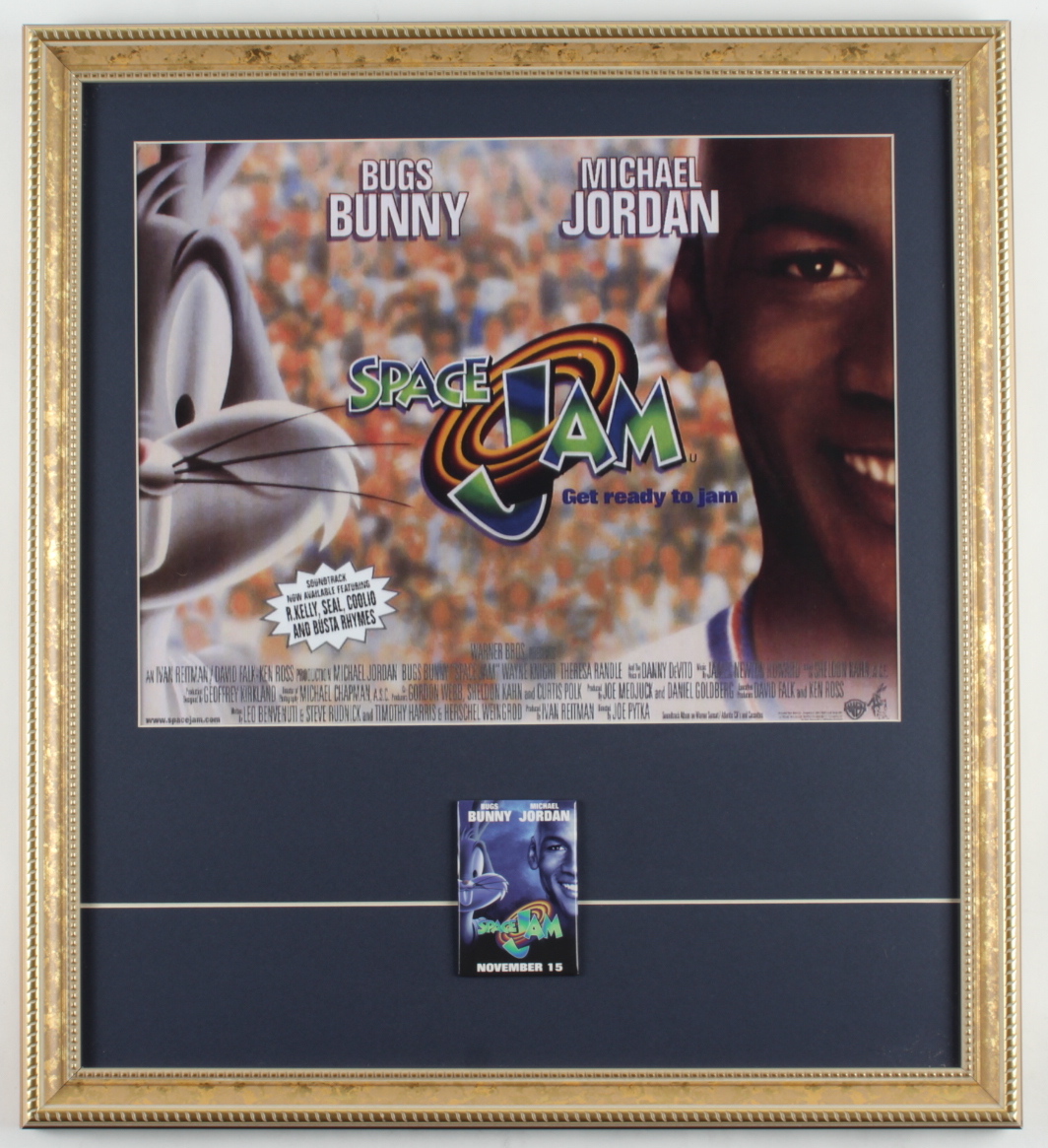 Space Jam Movie Poster 18x20 Custom Framed Print Display With A Vintage Movie Pre-Release Pin at PristineAuction.com Space Jam Movie Poster 18x20 Custom Framed Print Display With A Vintage Movie Pre-Release Pin at PristineAuction.com