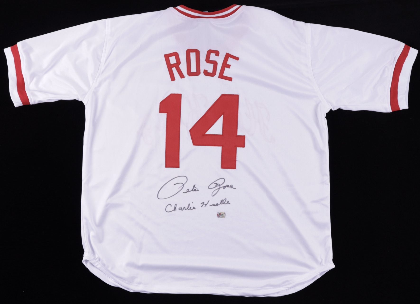 Pete Rose Signed Jersey Inscribed "Charlie Hustle" (Fiterman Sports Hologram) (See Description) at PristineAuction.com Pete Rose Signed Jersey Inscribed "Charlie Hustle" (Fiterman Sports Hologram) (See Description) at PristineAuction.com