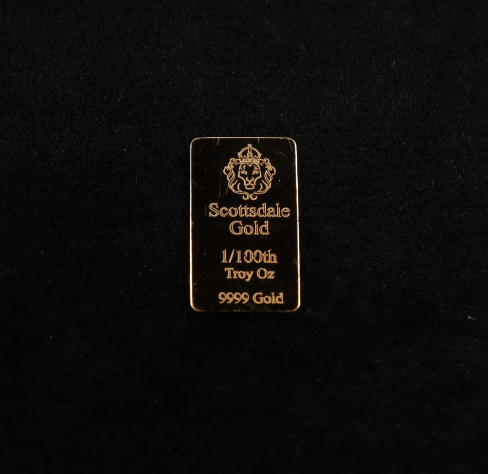 1/100 oz Scottsdale Mint Gold Bullion Bar at PristineAuction.com 1/100 oz Scottsdale Mint Gold Bullion Bar at PristineAuction.com