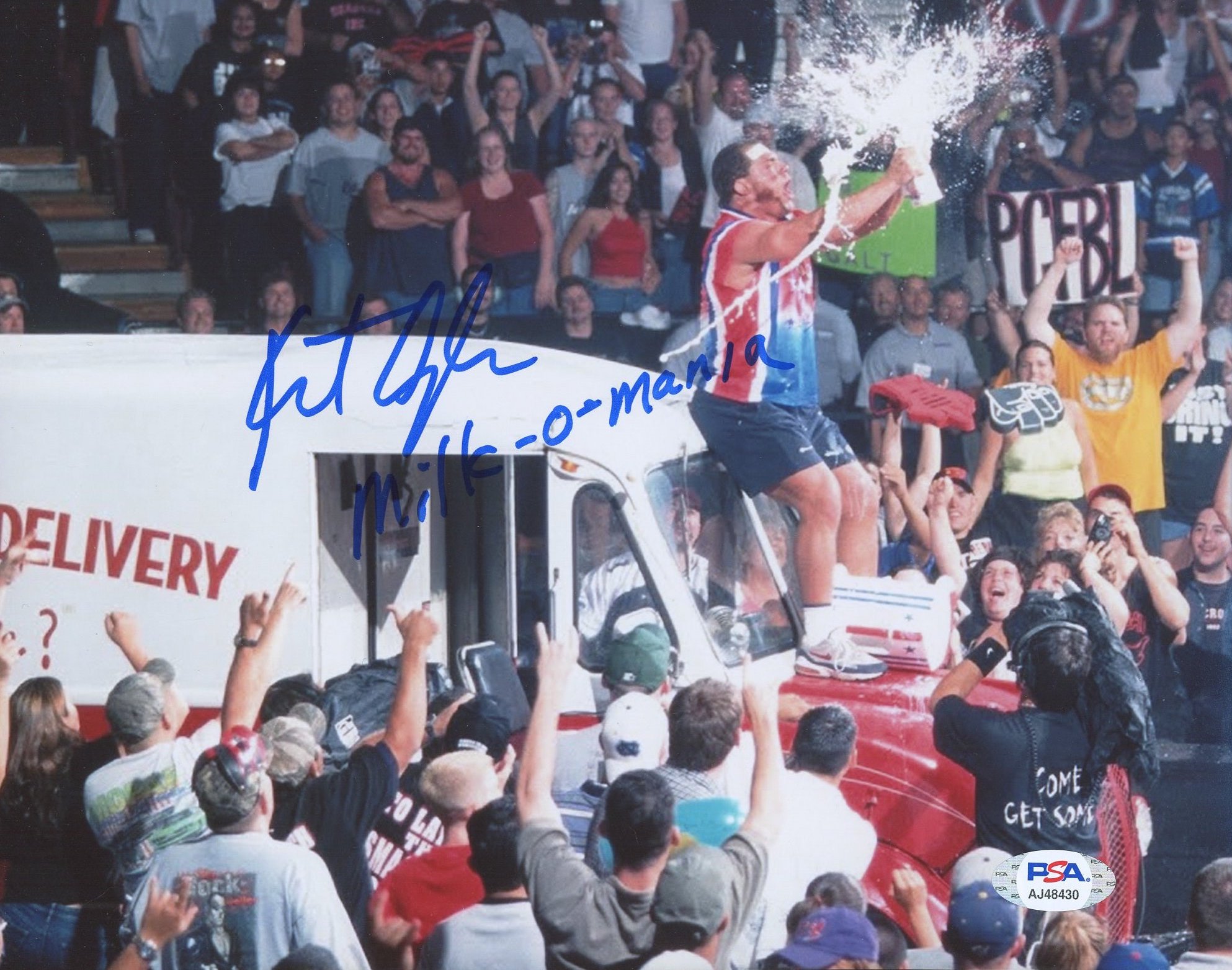 Kurt Angle Signed WWE 8x10 Photo Inscribed "Milk-O-Mania" (PSA) at PristineAuction.com Kurt Angle Signed WWE 8x10 Photo Inscribed "Milk-O-Mania" (PSA) at PristineAuction.com