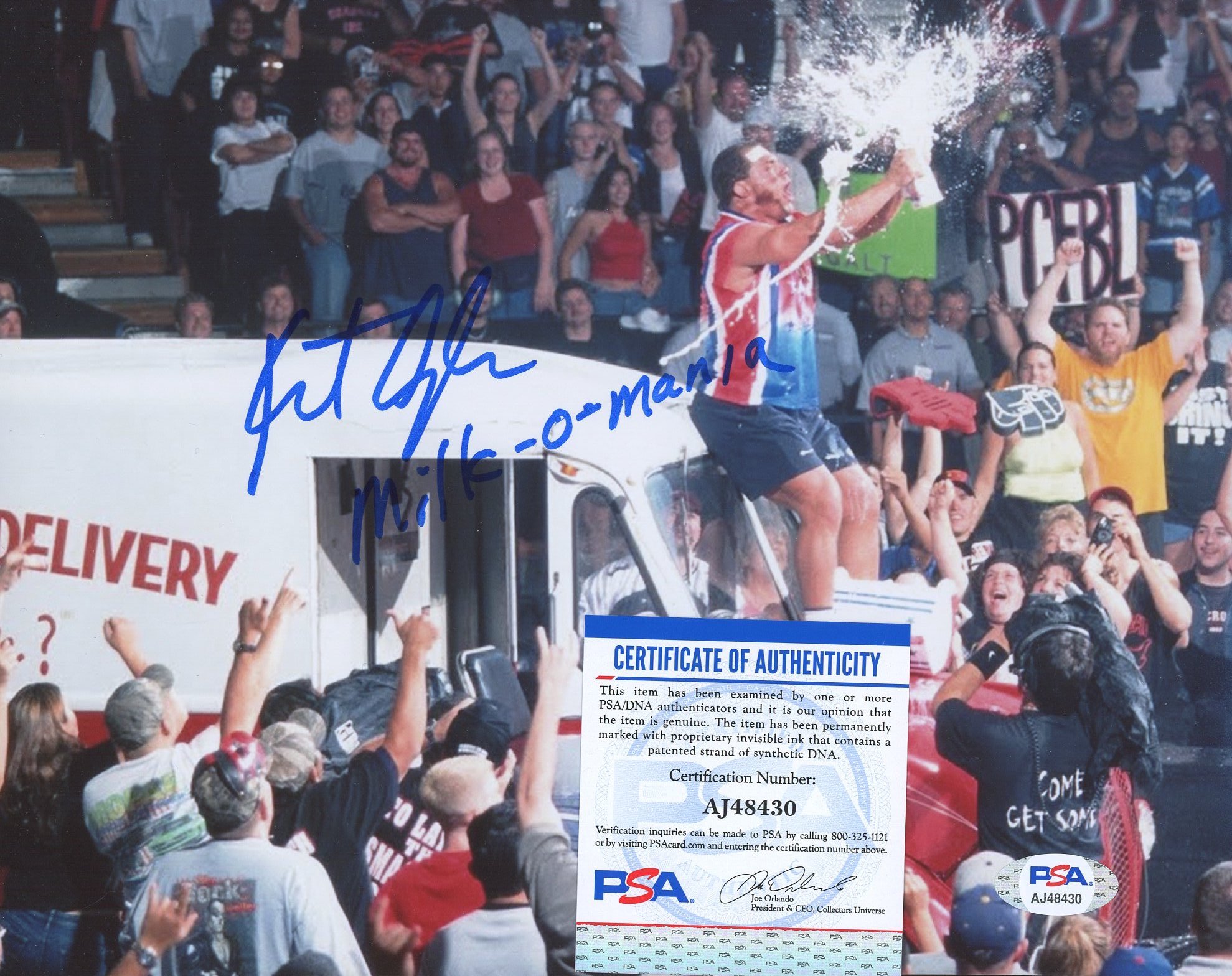 Kurt Angle Signed WWE 8x10 Photo Inscribed "Milk-O-Mania" (PSA) at PristineAuction.com Kurt Angle Signed WWE 8x10 Photo Inscribed "Milk-O-Mania" (PSA) at PristineAuction.com