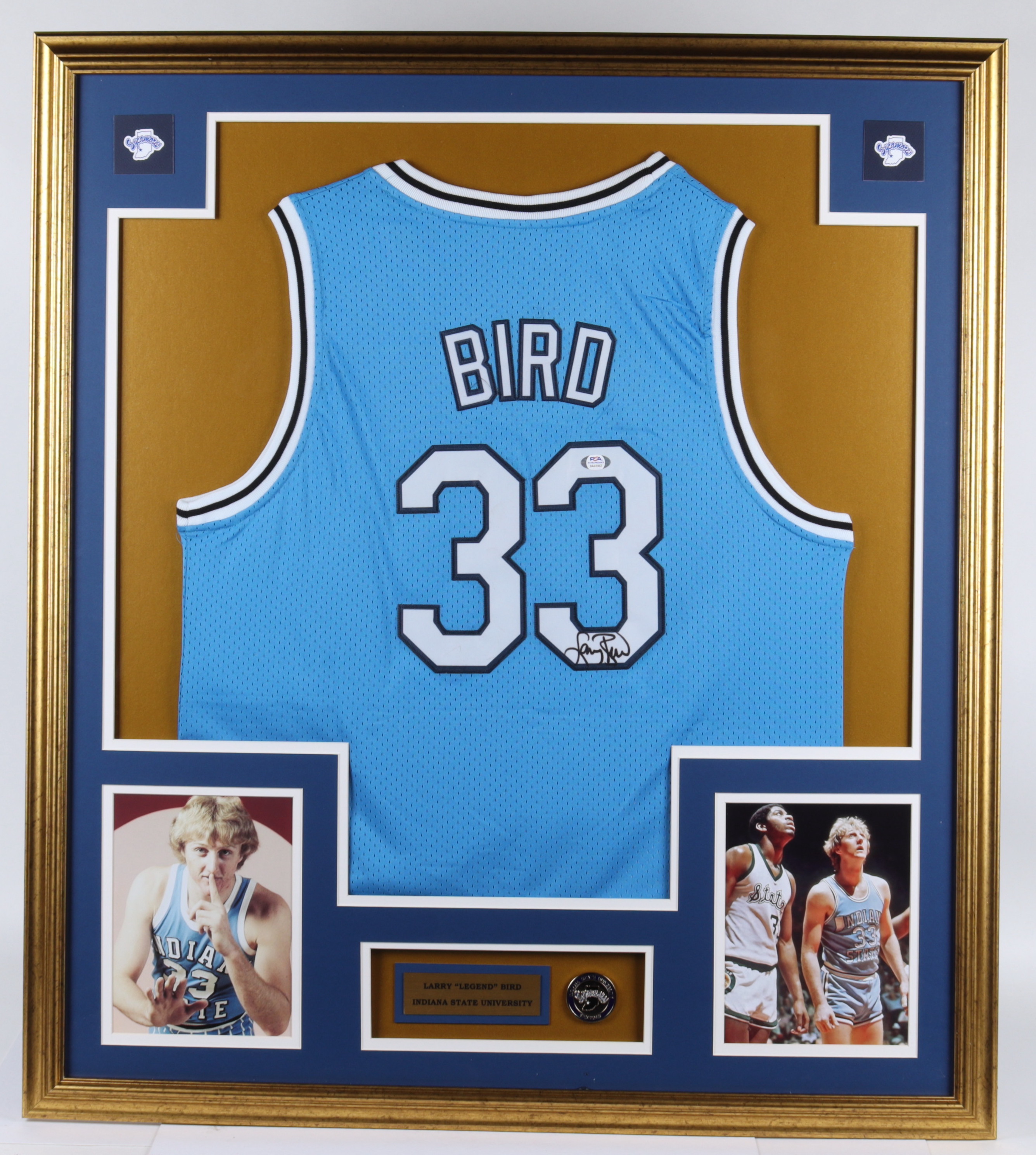 Larry Bird Signed 32x36 Custom Framed Jersey Display with Indiana State Sycamores Pin (PSA Hologram) at PristineAuction.com Larry Bird Signed 32x36 Custom Framed Jersey Display with Indiana State Sycamores Pin (PSA Hologram) at PristineAuction.com