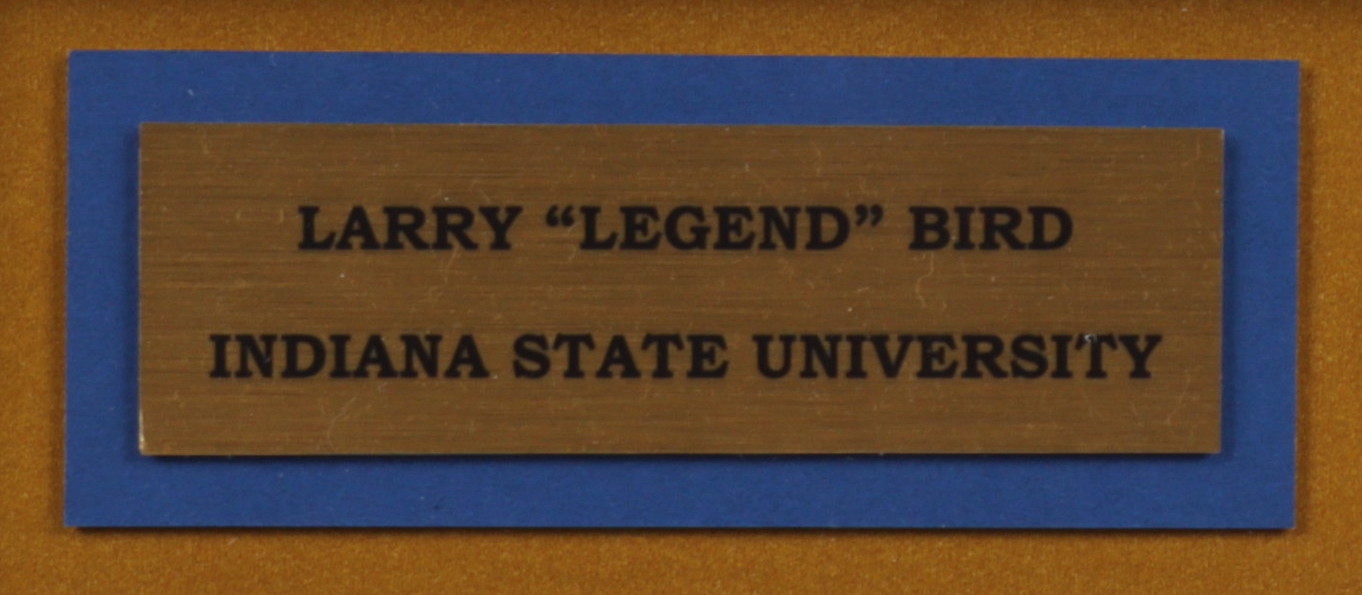 Larry Bird Signed 32x36 Custom Framed Jersey Display with Indiana State Sycamores Pin (PSA Hologram) at PristineAuction.com Larry Bird Signed 32x36 Custom Framed Jersey Display with Indiana State Sycamores Pin (PSA Hologram) at PristineAuction.com