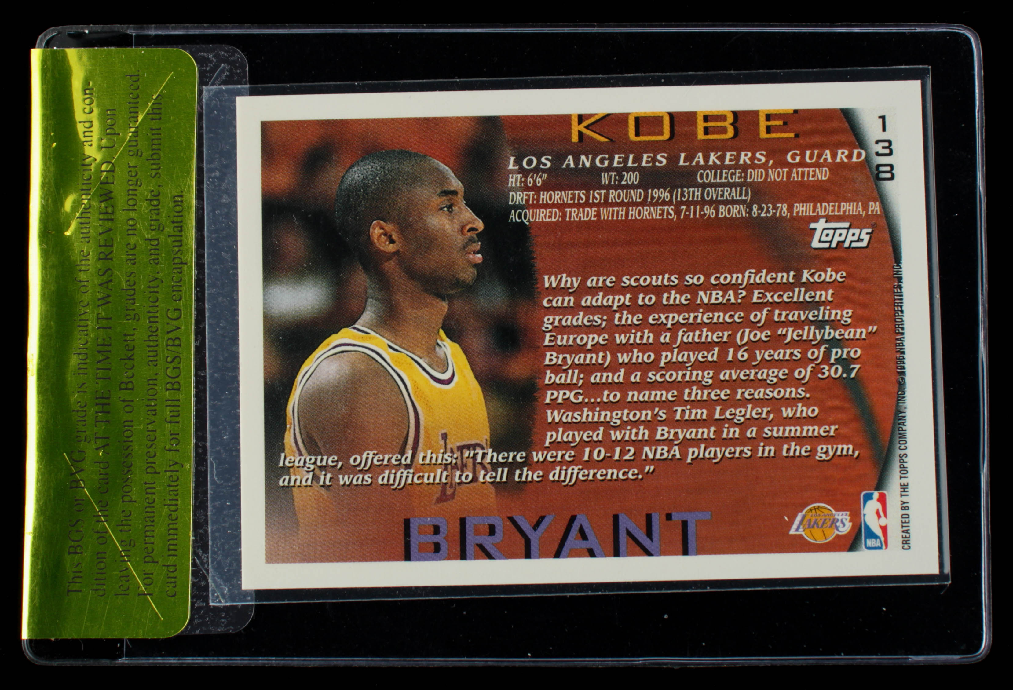 Kobe Bryant 1996-97 Topps #138 RC (Beckett Raw Card Review 9.5) at PristineAuction.com Kobe Bryant 1996-97 Topps #138 RC (Beckett Raw Card Review 9.5) at PristineAuction.com