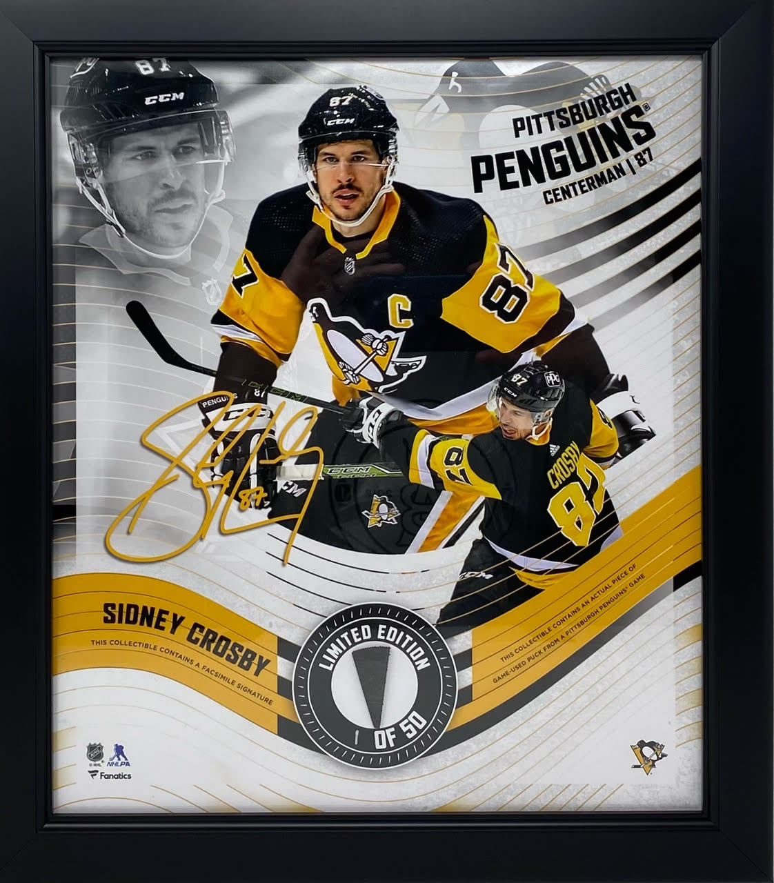 Sidney Crosby LE Penguins 15x17 Custom Framed Photo Display with Game Used Puck Piece #1/50 at PristineAuction.com Sidney Crosby LE Penguins 15x17 Custom Framed Photo Display with Game Used Puck Piece #1/50 at PristineAuction.com