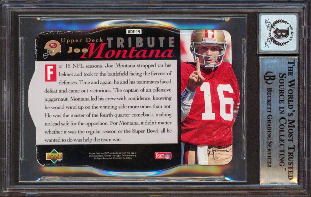 Joe Montana Signed 1996 SPx #UDT19 Tribute (BGS | Auto 10) at PristineAuction.com Joe Montana Signed 1996 SPx #UDT19 Tribute (BGS | Auto 10) at PristineAuction.com