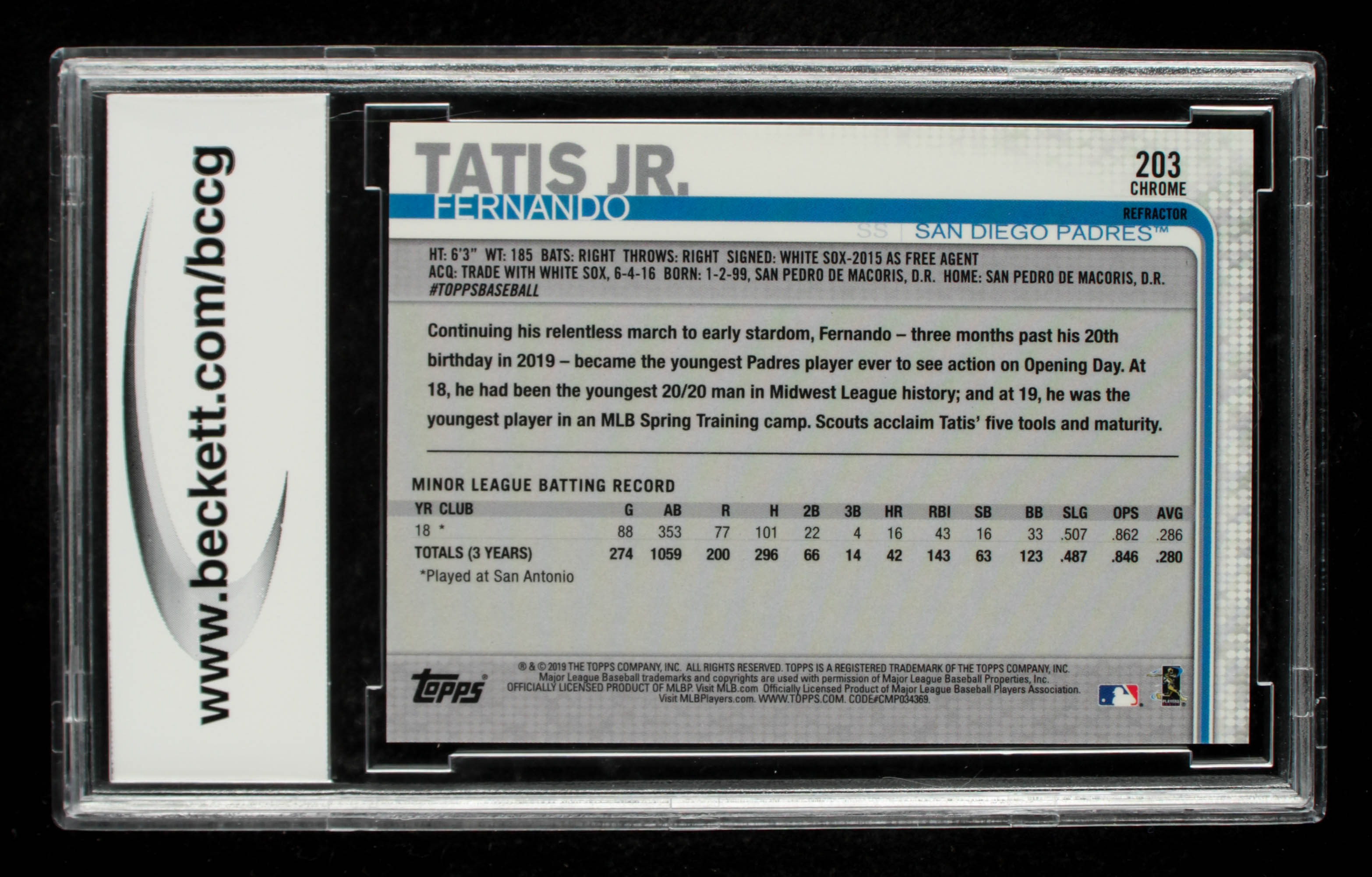 Fernando Tatis Jr. 2019 Topps Chrome Negative Refractors #203 (BCCG 10) at PristineAuction.com Fernando Tatis Jr. 2019 Topps Chrome Negative Refractors #203 (BCCG 10) at PristineAuction.com