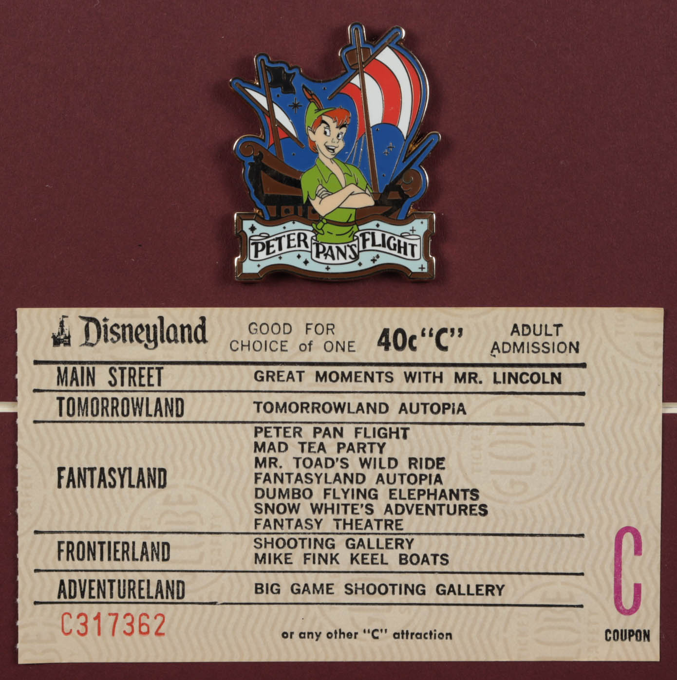 Disneyland Fantasyland's "Peter Pan" 15x26 Custom Framed Print Display with Vintage Disneyland Pin, Vintage Peter Pan C Ride Ticket & Postcard Envelope at PristineAuction.com Disneyland Fantasyland's "Peter Pan" 15x26 Custom Framed Print Display with Vintage Disneyland Pin, Vintage Peter Pan C Ride Ticket & Postcard Envelope at PristineAuction.com