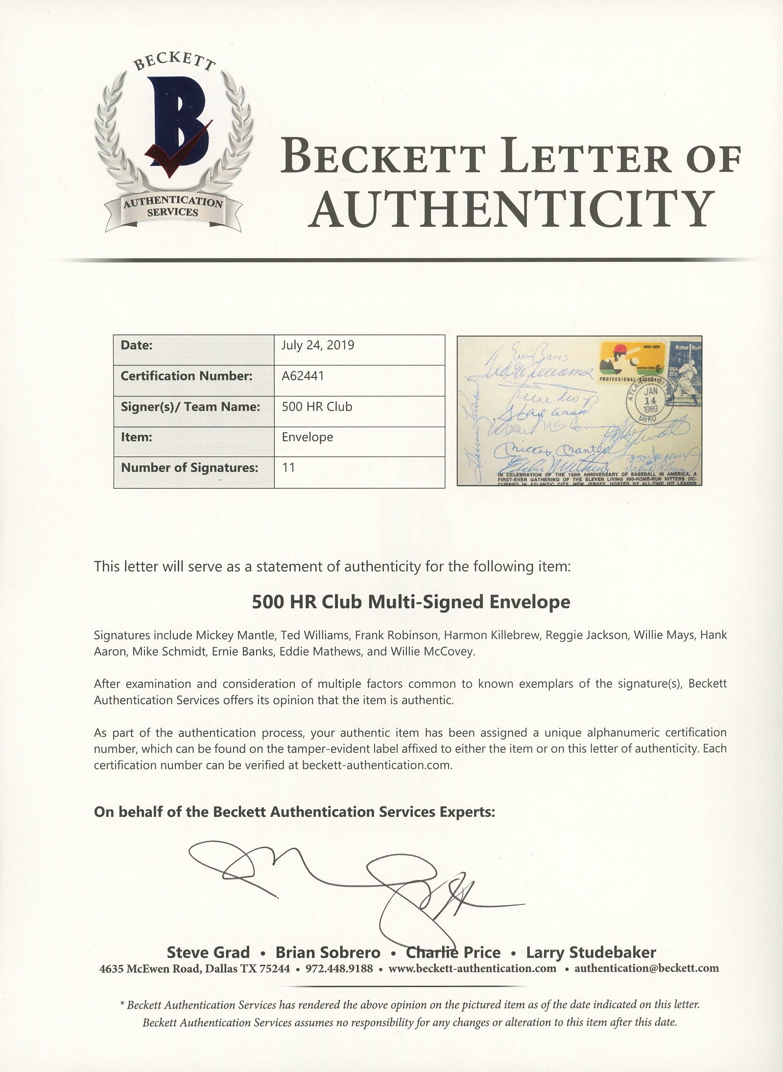 500 Home Run Club Envelope Signed by (11) with Hank Aaron, Willie Mays, Ernie Banks, Reggie Jackson, Mickey Mantle (Beckett LOA) at PristineAuction.com 500 Home Run Club Envelope Signed by (11) with Hank Aaron, Willie Mays, Ernie Banks, Reggie Jackson, Mickey Mantle (Beckett LOA) at PristineAuction.com