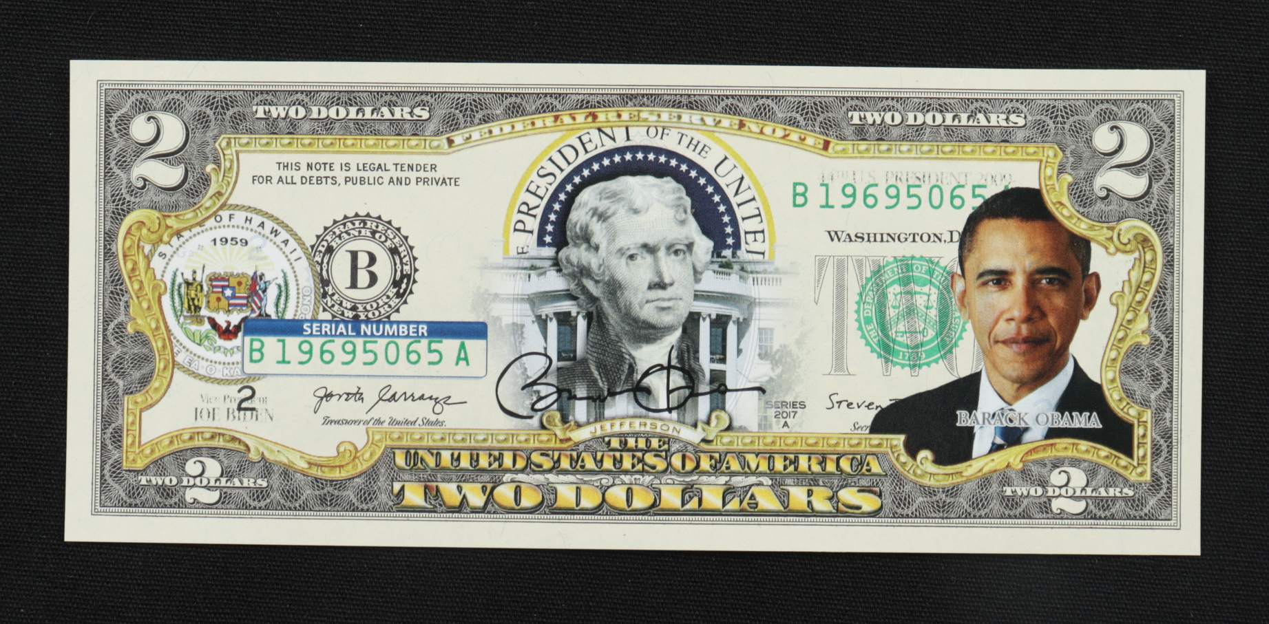 Barack Obama Genuine Legal Tender U.S. $2 Two Dollar Bill Commemorative Bank Note with Display Folder at PristineAuction.com Barack Obama Genuine Legal Tender U.S. $2 Two Dollar Bill Commemorative Bank Note with Display Folder at PristineAuction.com