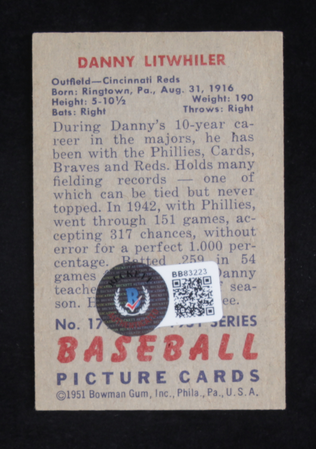 Danny Litwhiler Signed 1951 Bowman #179 (Beckett COA) at PristineAuction.com Danny Litwhiler Signed 1951 Bowman #179 (Beckett COA) at PristineAuction.com