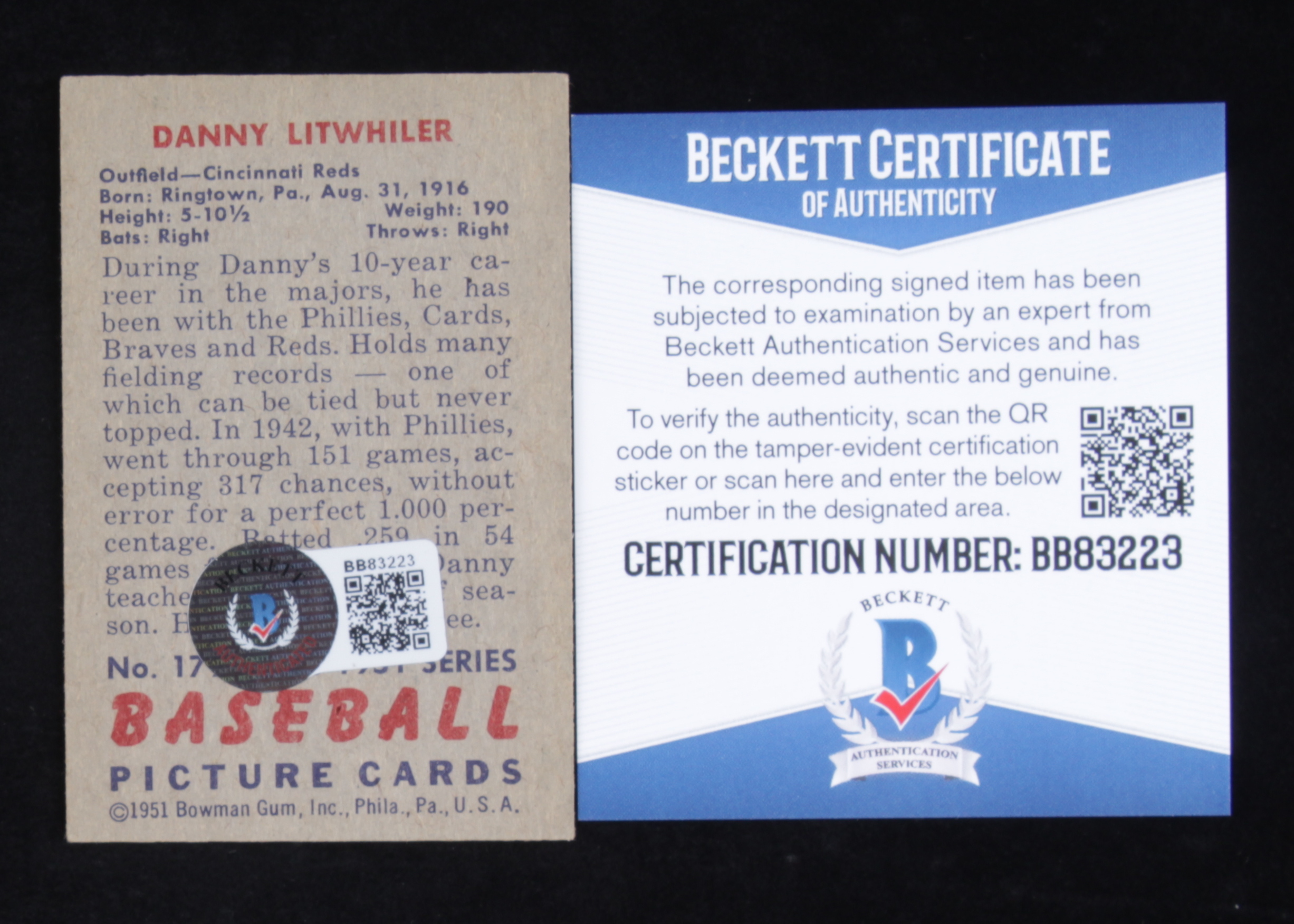 Danny Litwhiler Signed 1951 Bowman #179 (Beckett COA) at PristineAuction.com Danny Litwhiler Signed 1951 Bowman #179 (Beckett COA) at PristineAuction.com