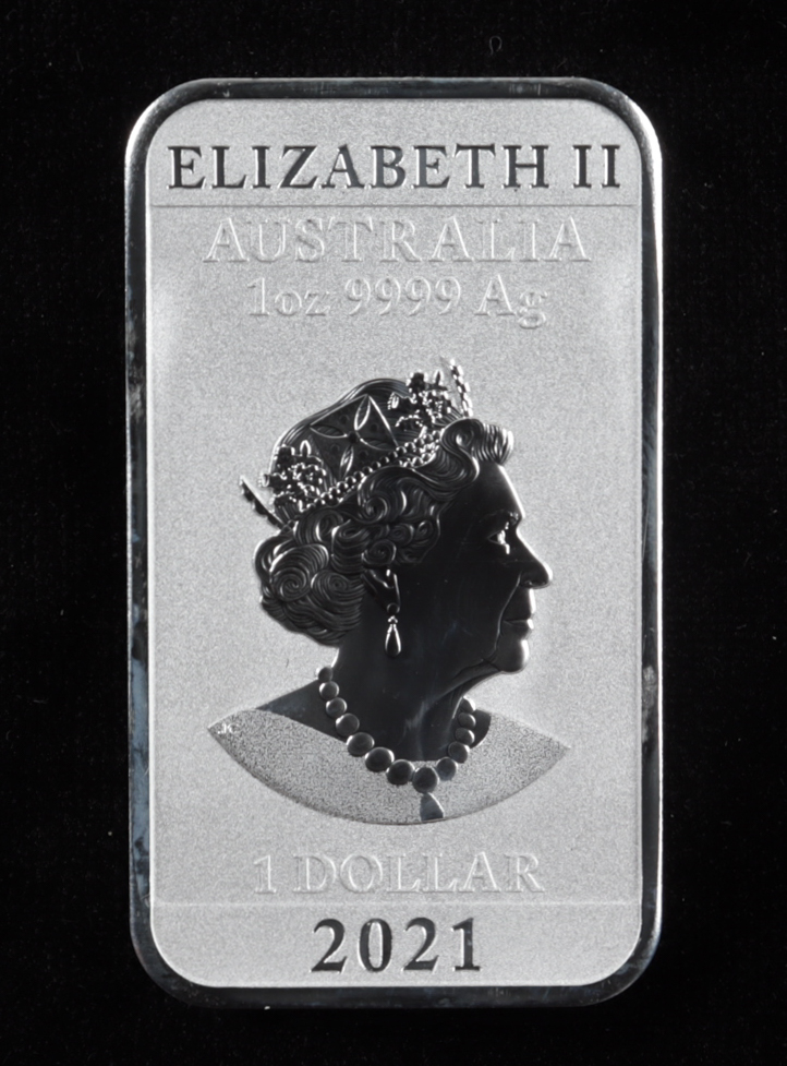 2021 Perth Mint 1 Oz .999 Fine Silver Australian Dragon $1 Bullion Bar at PristineAuction.com 2021 Perth Mint 1 Oz .999 Fine Silver Australian Dragon $1 Bullion Bar at PristineAuction.com