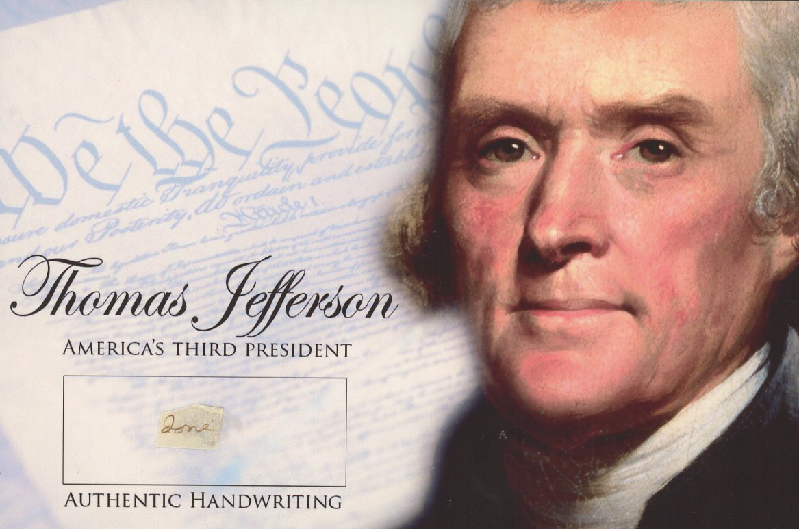 Thomas Jefferson 4x6 Photo With Authentic Hand-Written Word Cut (JSA LOA) at PristineAuction.com Thomas Jefferson 4x6 Photo With Authentic Hand-Written Word Cut (JSA LOA) at PristineAuction.com