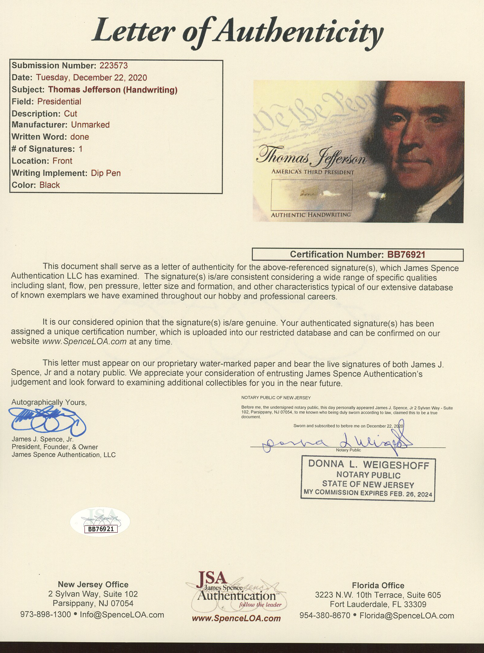 Thomas Jefferson 4x6 Photo With Authentic Hand-Written Word Cut (JSA LOA) at PristineAuction.com Thomas Jefferson 4x6 Photo With Authentic Hand-Written Word Cut (JSA LOA) at PristineAuction.com