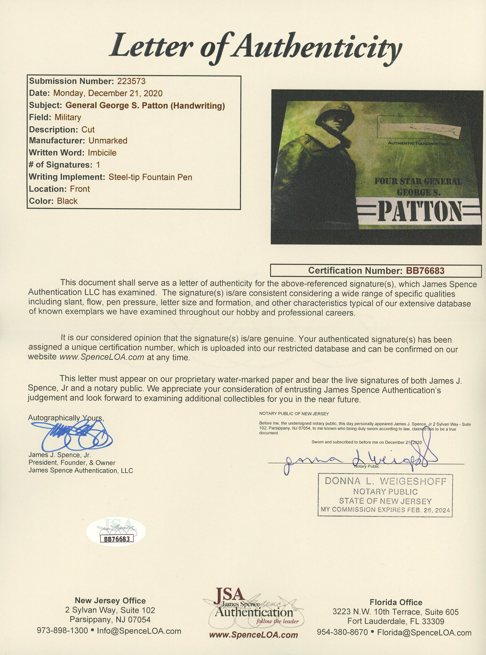 George S. Patton 4x6 Photo With Authentic Hand-Written Word Cut (JSA LOA) at PristineAuction.com George S. Patton 4x6 Photo With Authentic Hand-Written Word Cut (JSA LOA) at PristineAuction.com