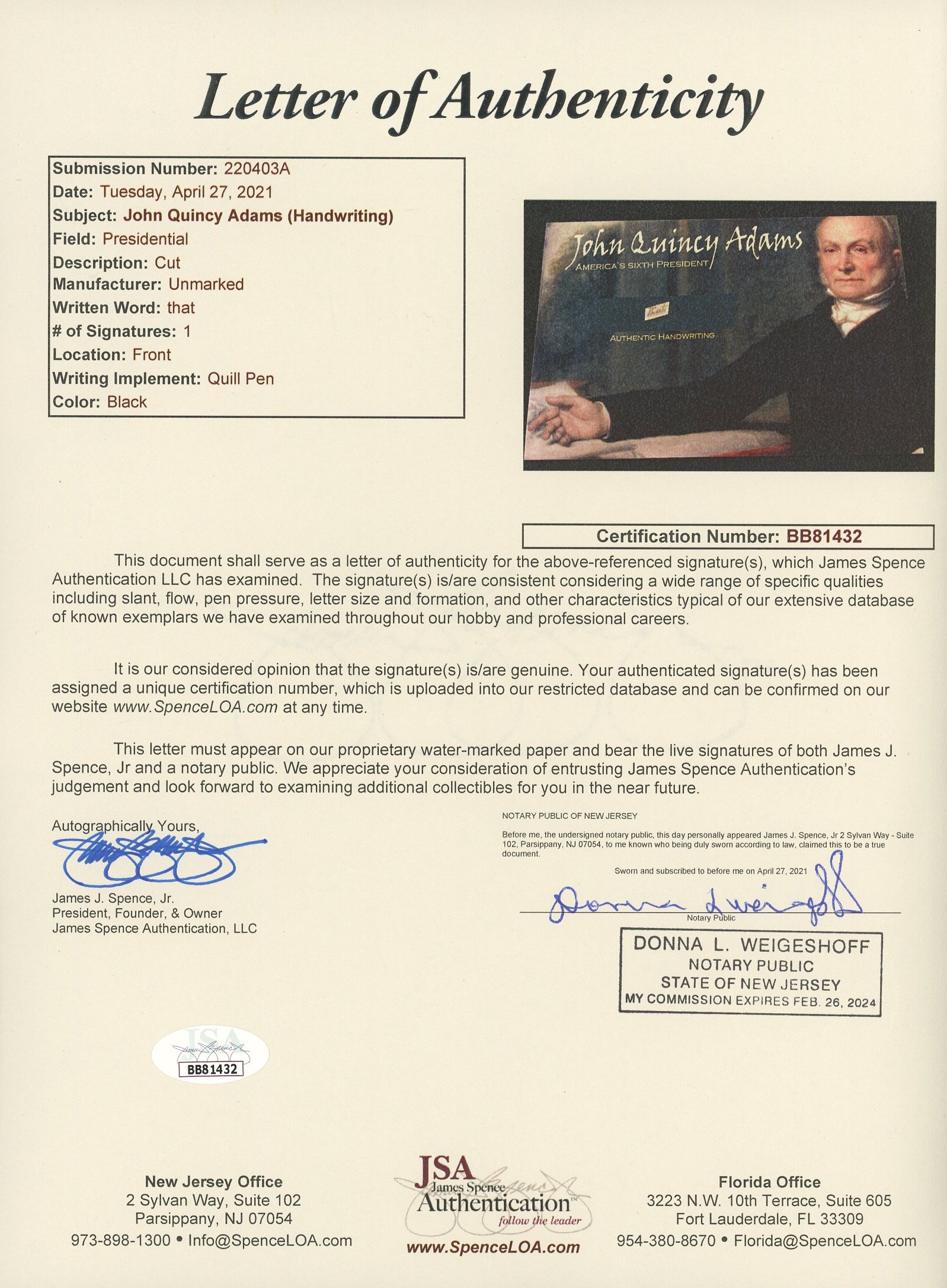 John Quincy Adams 4x6 Photo With Authentic Hand-Written Word Cut (JSA LOA) at PristineAuction.com John Quincy Adams 4x6 Photo With Authentic Hand-Written Word Cut (JSA LOA) at PristineAuction.com