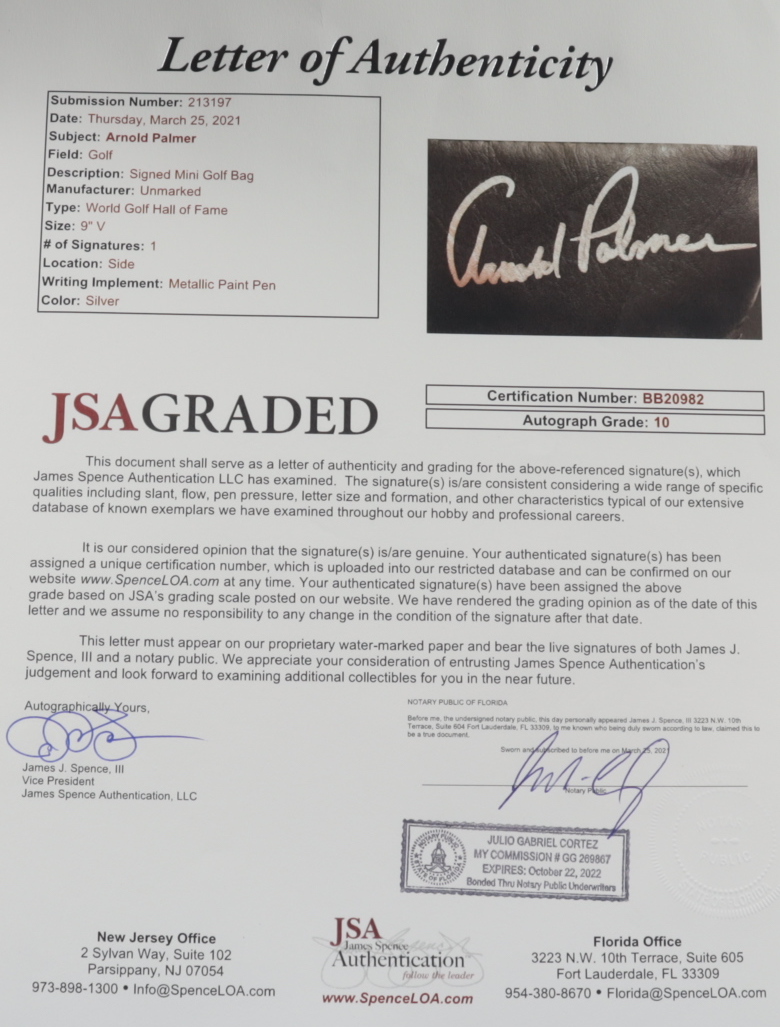 Arnold Palmer Signed Hall of Fame Mini Golf Bag (JSA LOA) (See Description) at PristineAuction.com Arnold Palmer Signed Hall of Fame Mini Golf Bag (JSA LOA) (See Description) at PristineAuction.com