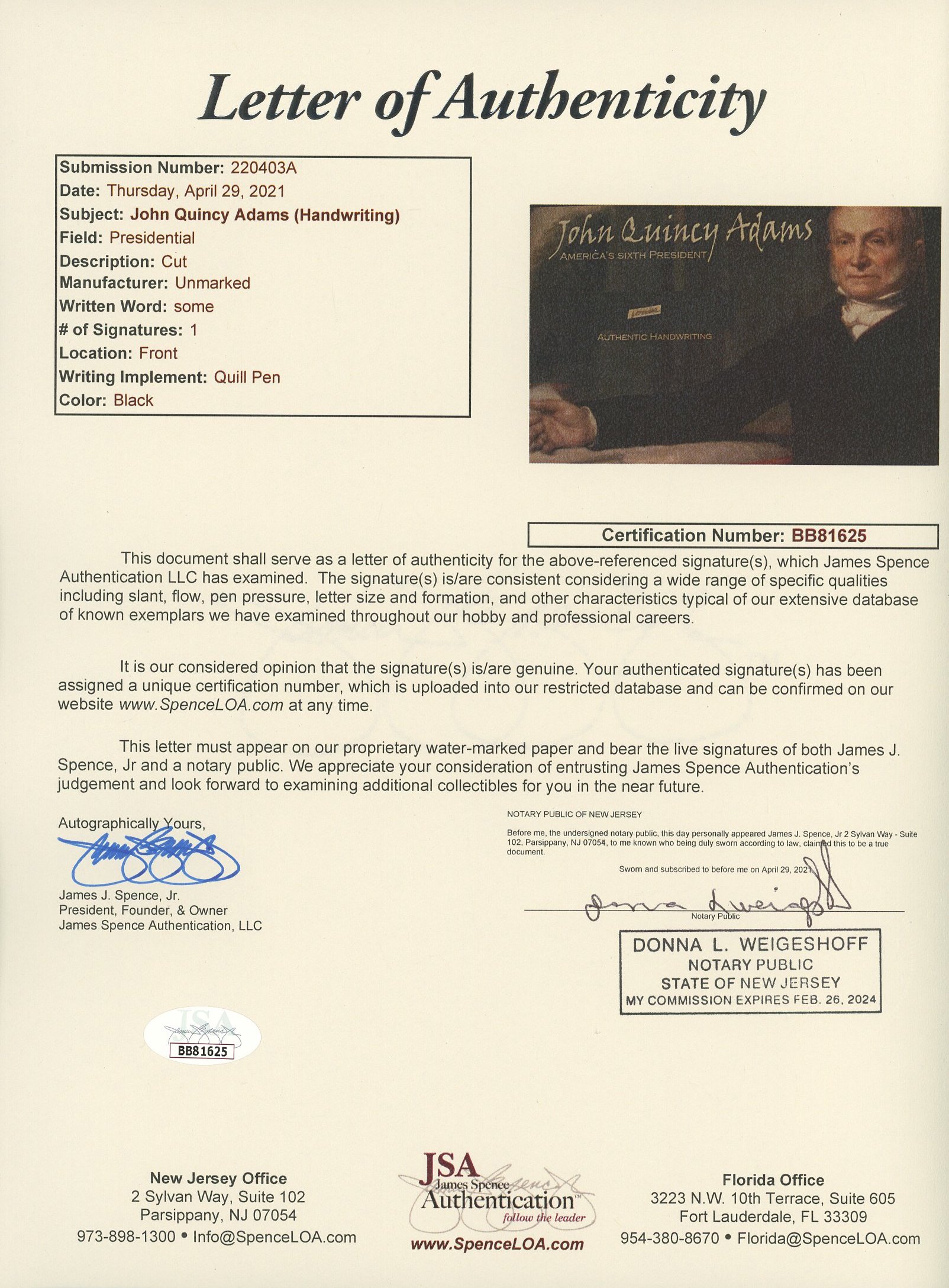 John Quincy Adams 4x6 Photo With Authentic Hand-Written Word Cut (JSA LOA) at PristineAuction.com John Quincy Adams 4x6 Photo With Authentic Hand-Written Word Cut (JSA LOA) at PristineAuction.com