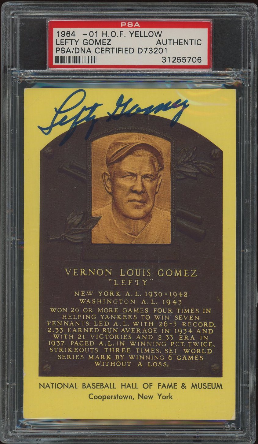 Lefty Gomez Signed Gold Hall of Fame Plaque Postcard (PSA Encapsulated) at PristineAuction.com Lefty Gomez Signed Gold Hall of Fame Plaque Postcard (PSA Encapsulated) at PristineAuction.com