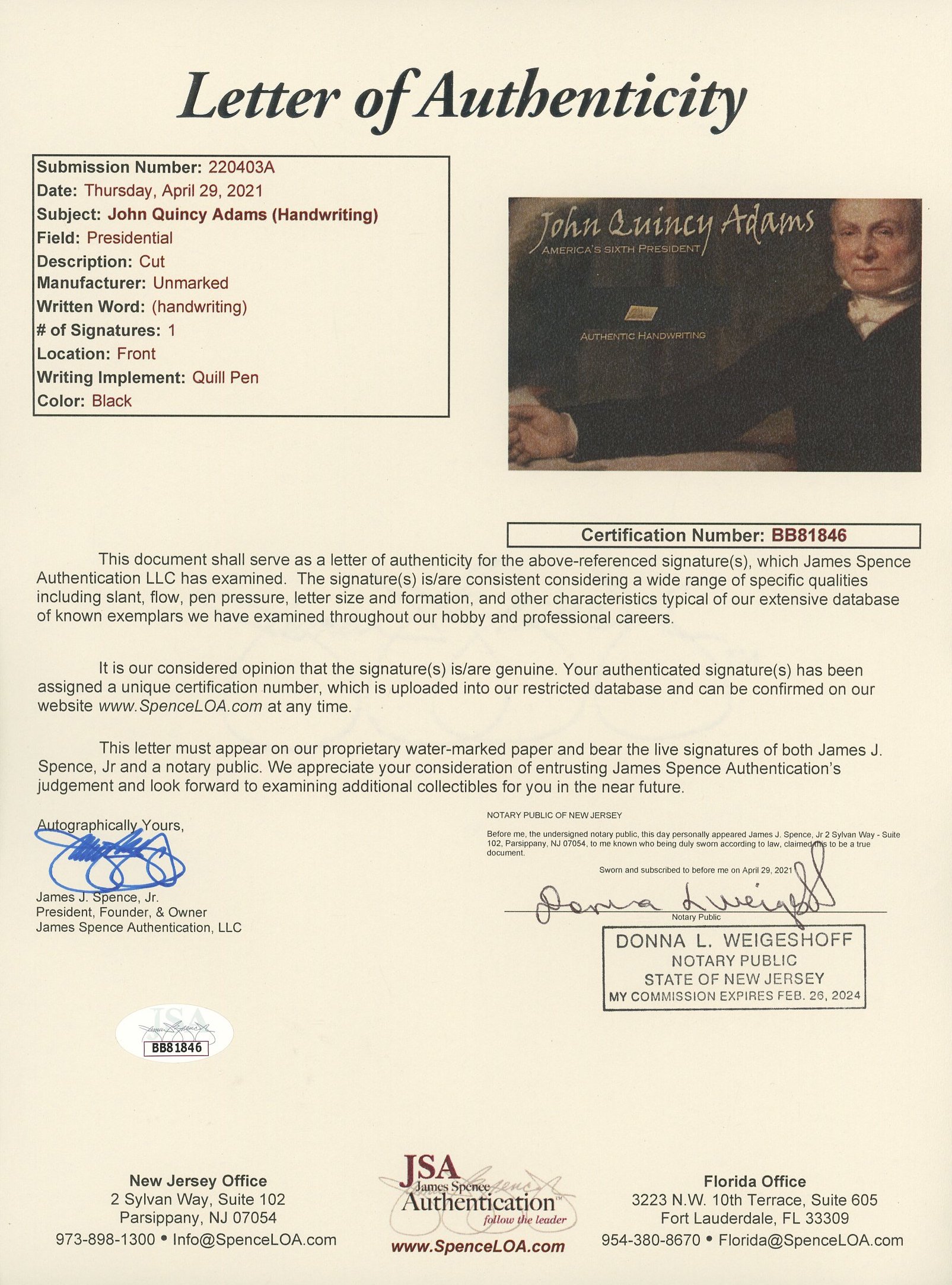 John Quincy Adams 4x6 Photo With Authentic Hand-Written Word Cut (JSA LOA) at PristineAuction.com John Quincy Adams 4x6 Photo With Authentic Hand-Written Word Cut (JSA LOA) at PristineAuction.com