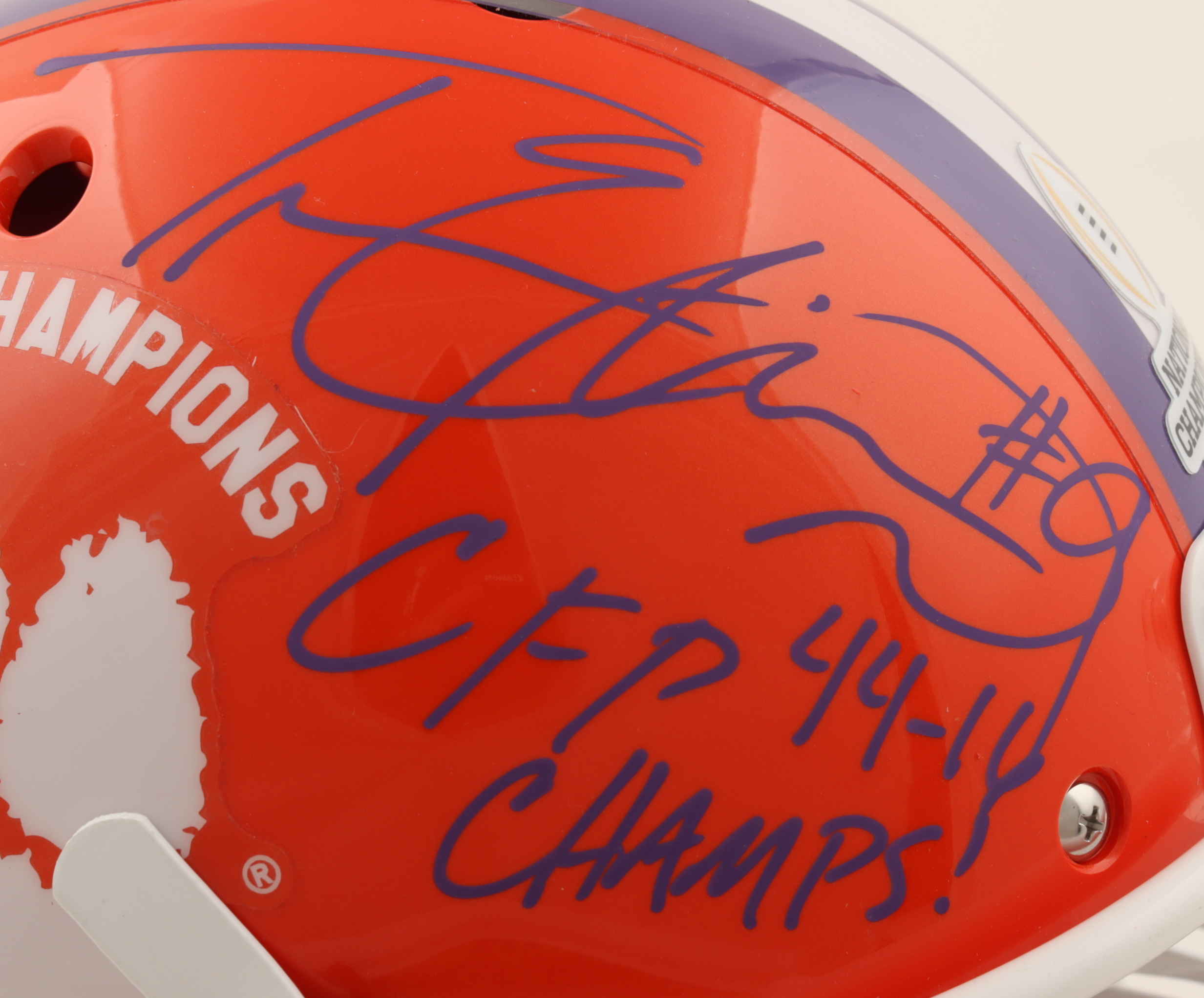 Travis Etienne Signed Clemson Tigers 2018 National Champions Full-Size Helmet with Multiple Inscriptions (JSA) at PristineAuction.com Travis Etienne Signed Clemson Tigers 2018 National Champions Full-Size Helmet with Multiple Inscriptions (JSA) at PristineAuction.com